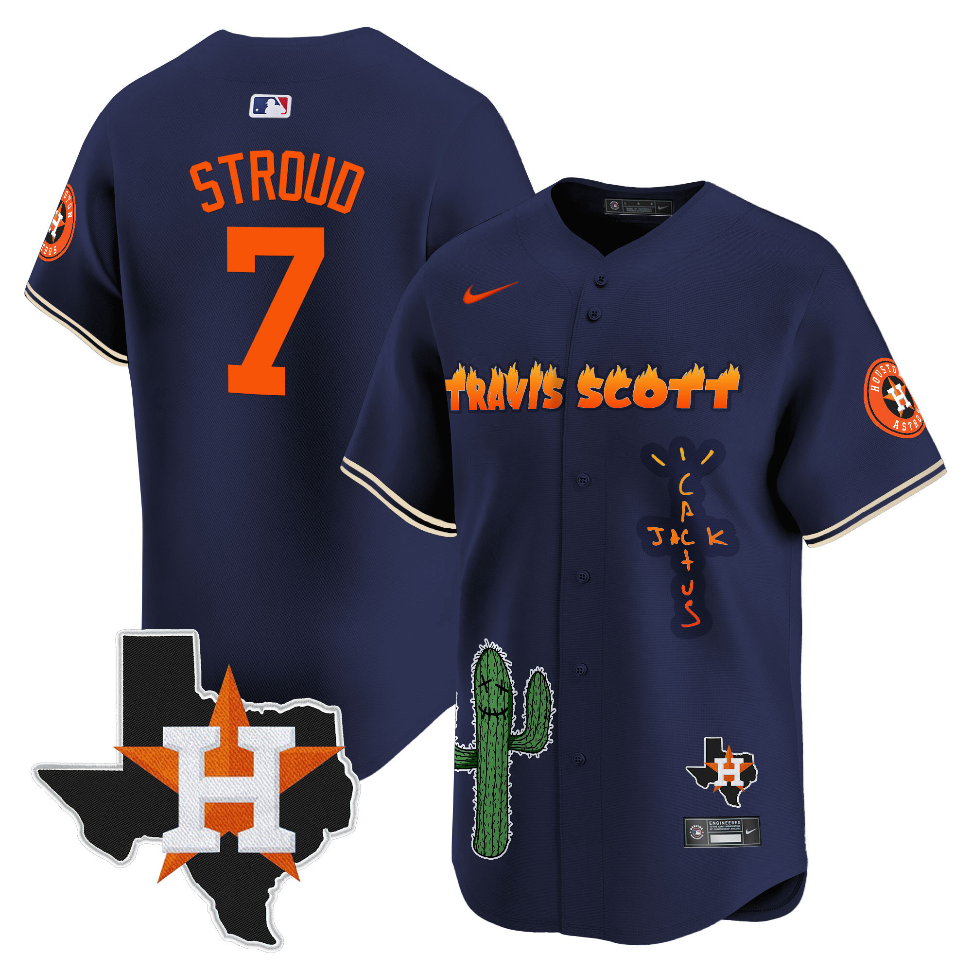 CJ Stroud Men's Houston Astros Cactus Jack Patch Vapor Premier Limited V9 Navy Jersey - All Stitched