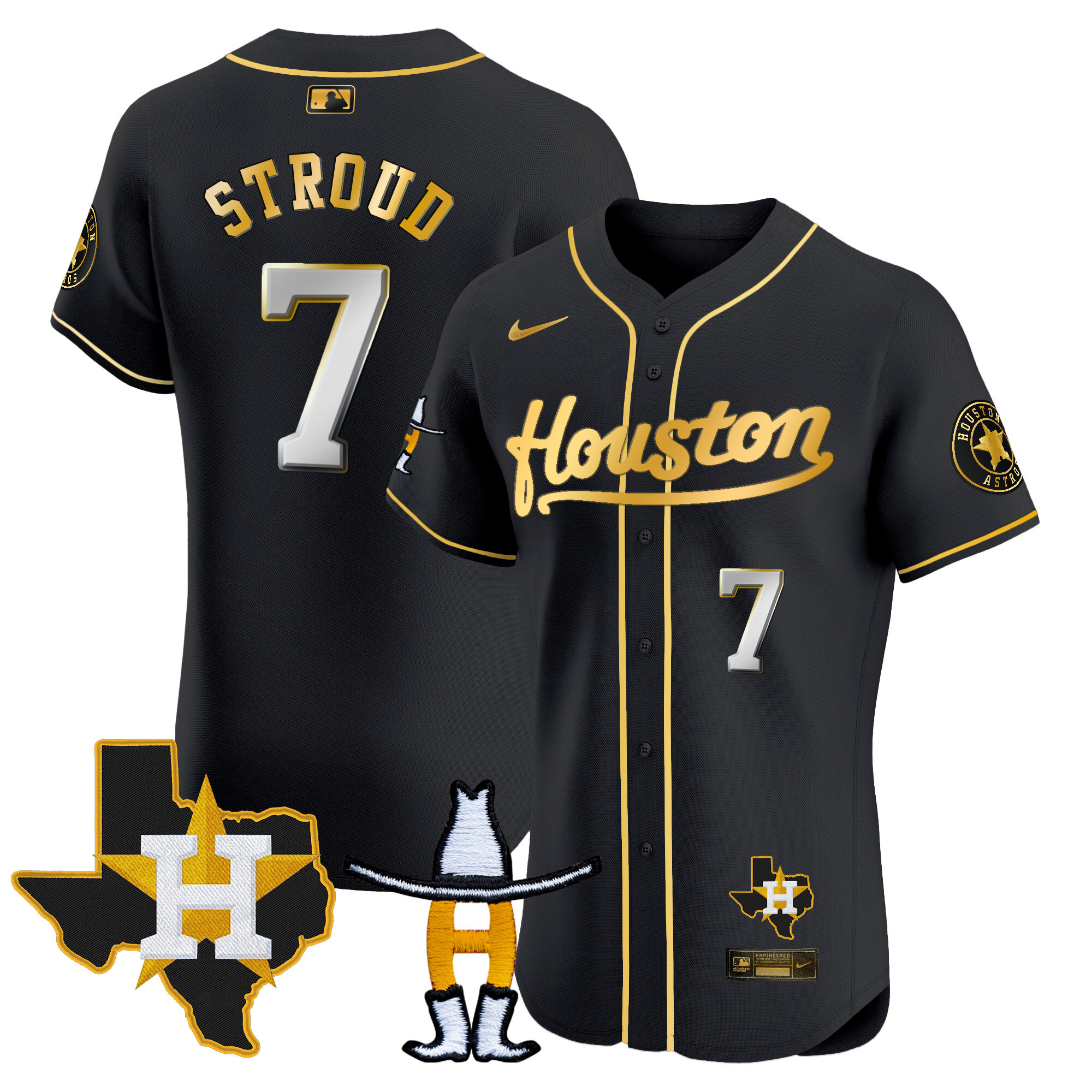 CJ Stroud Men's Houston Astros Houston Rodeo Patch Vapor Premier Elite Black Gold Jersey - All Stitched