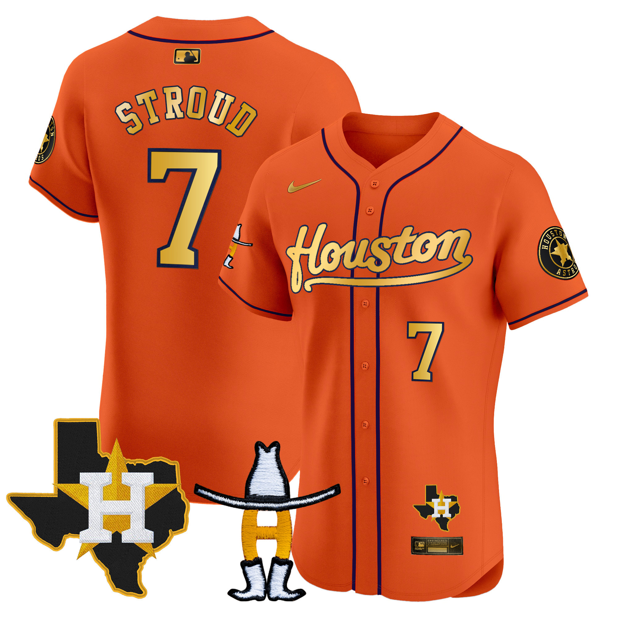 CJ Stroud Men's Houston Astros Houston Rodeo Patch Vapor Premier Elite Orange Gold Jersey - All Stitched