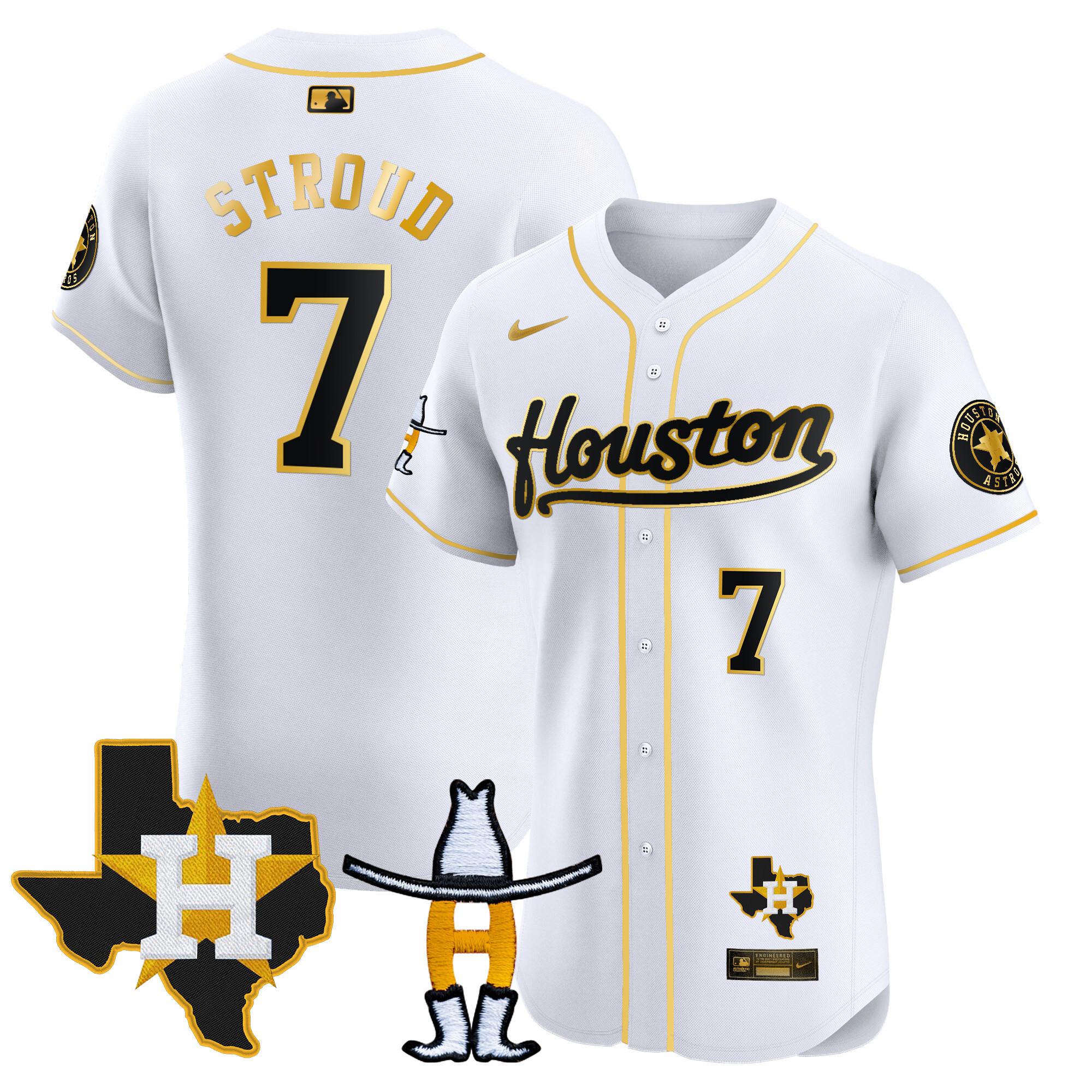 CJ Stroud Men's Houston Astros Houston Rodeo Patch Vapor Premier Elite White Gold Jersey - All Stitched