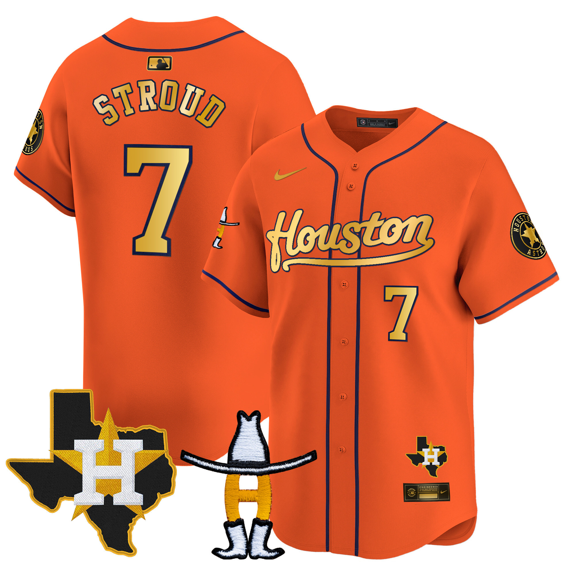 CJ Stroud Men's Houston Astros Houston Rodeo Patch Vapor Premier Limited Orange Gold Jersey - All Stitched