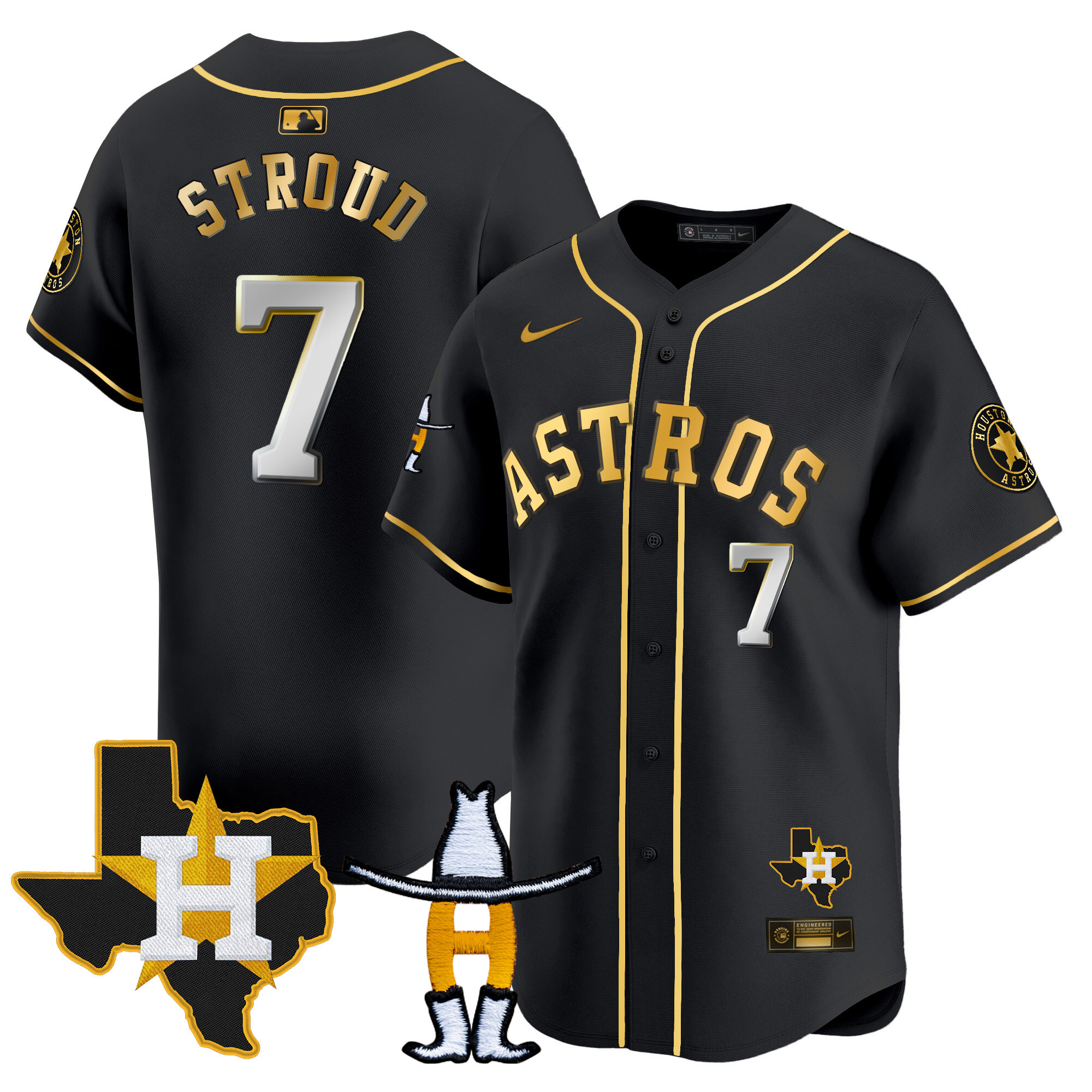 CJ Stroud Men's Houston Astros Houston Rodeo Patch Vapor Premier Limited V2 Black Gold Jersey - All Stitched
