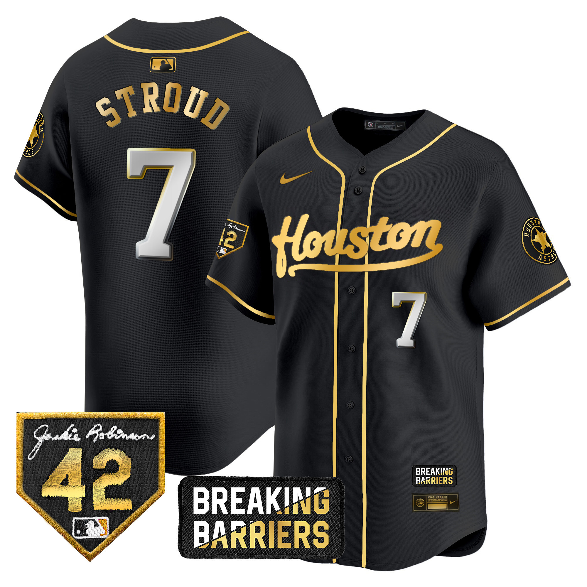 CJ Stroud Men's Houston Astros Jackie Robinson Breaking Barriers Patch Vapor Premier Limited Black Gold Jersey - All Stitched