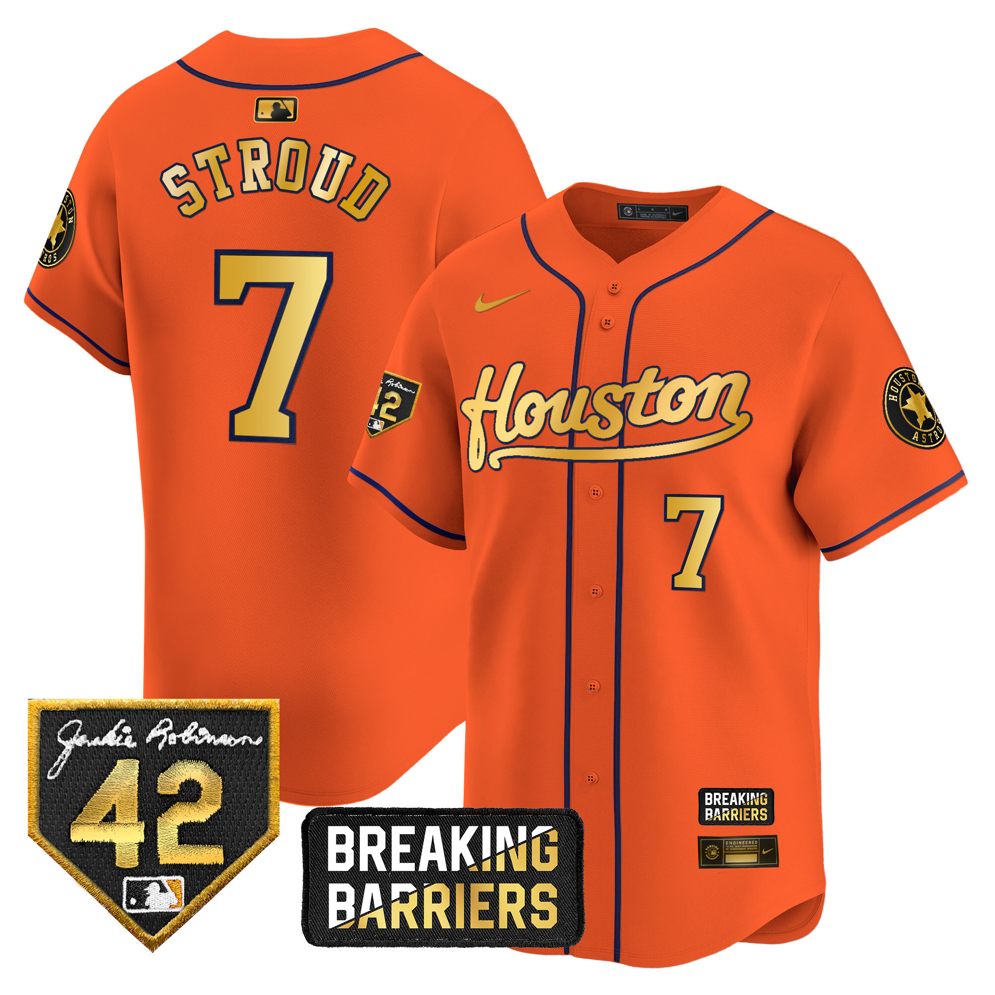 CJ Stroud Men's Houston Astros Jackie Robinson Breaking Barriers Patch Vapor Premier Limited Orange Gold Jersey - All Stitched