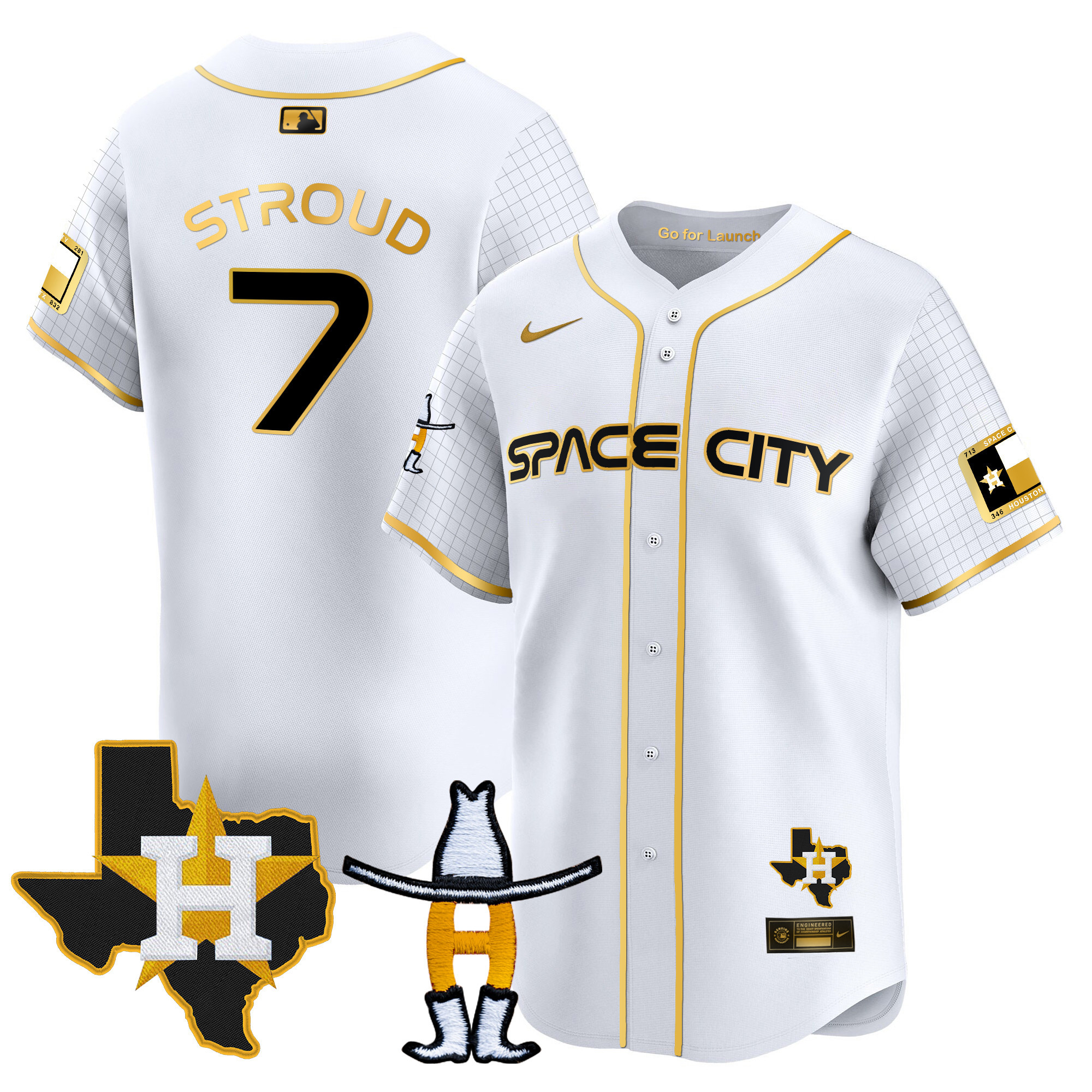 CJ Stroud Men's Houston Astros Space City Texas Patch Vapor Premier Limited White Gold Jersey - All Stitched