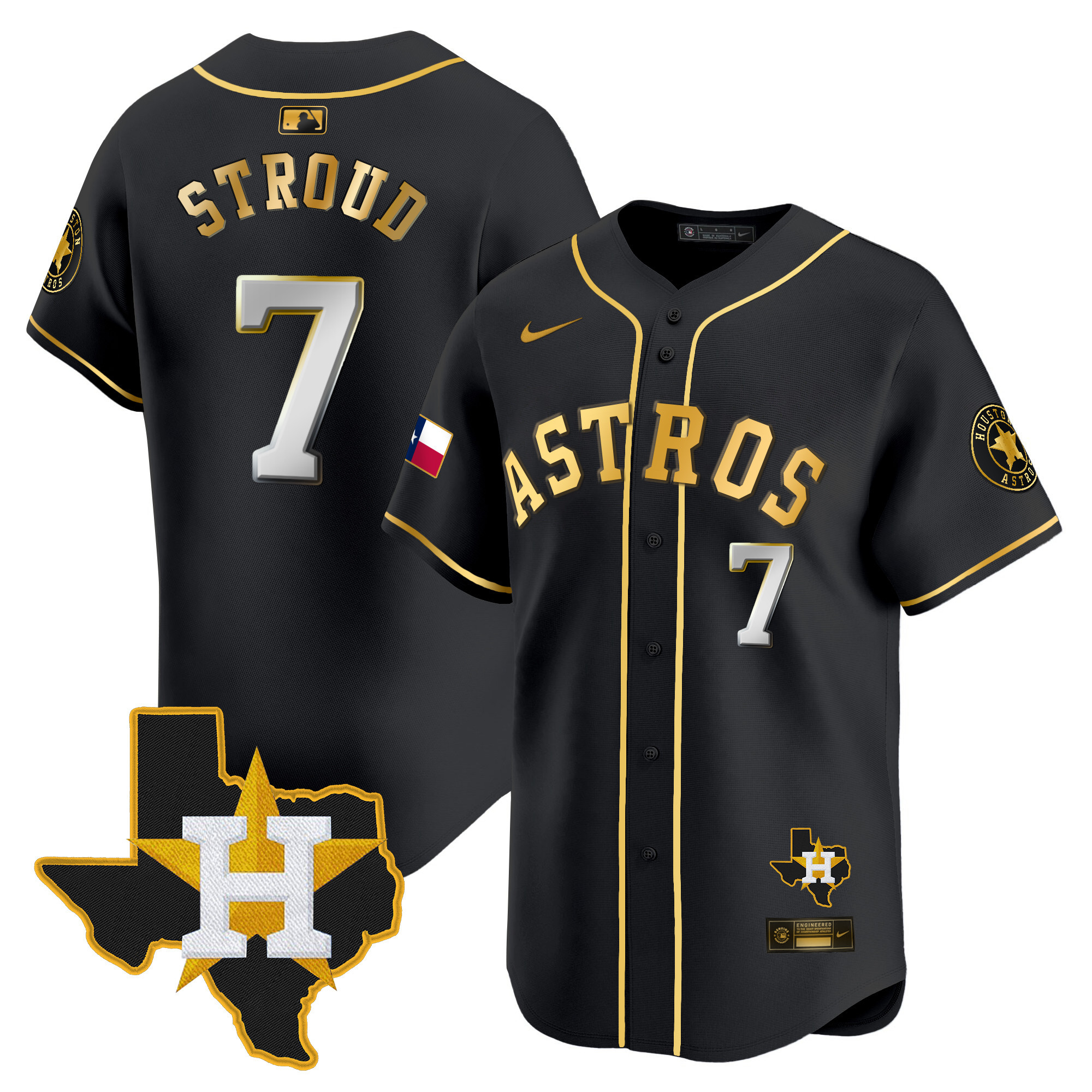 CJ Stroud Men's Houston Astros Texas Patch Vapor Premier Limited Black Gold Jersey - All Stitched
