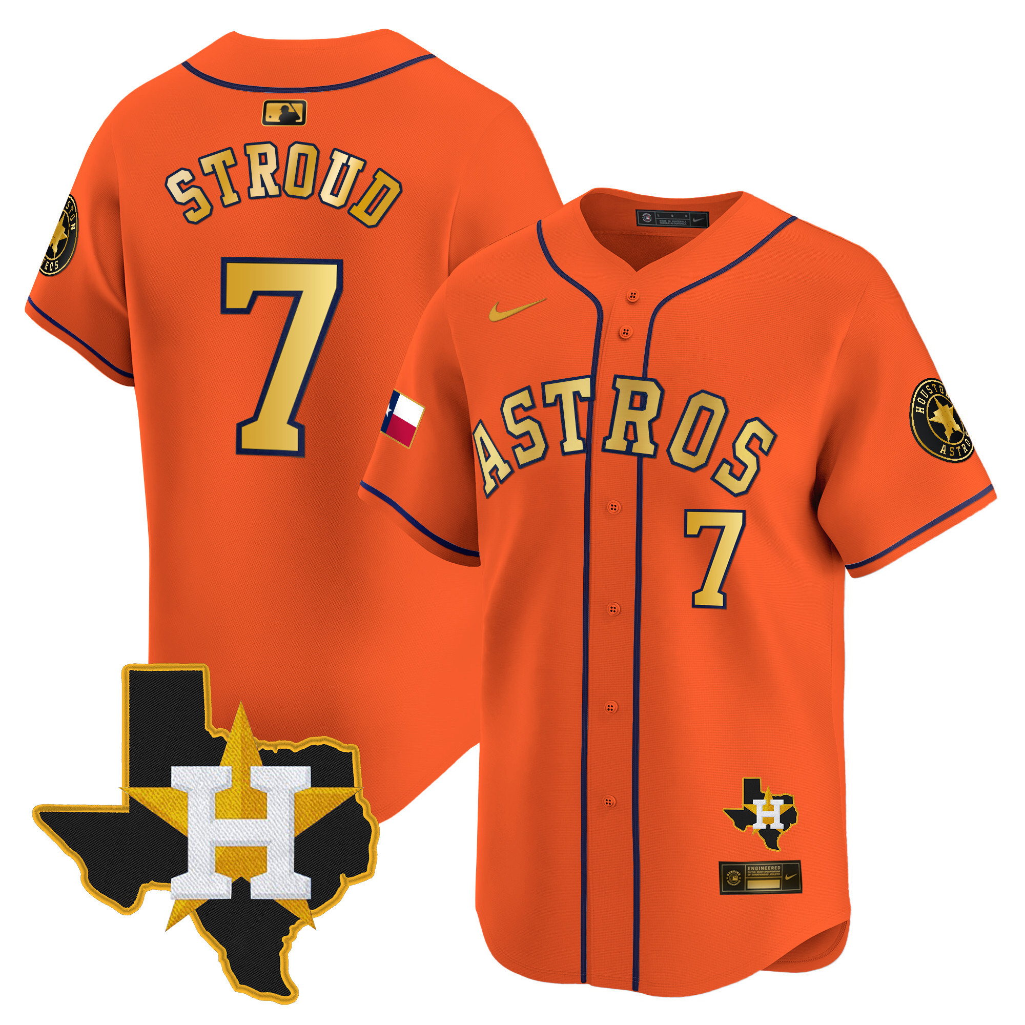 CJ Stroud Men's Houston Astros Texas Patch Vapor Premier Limited Orange Gold Jersey - All Stitched