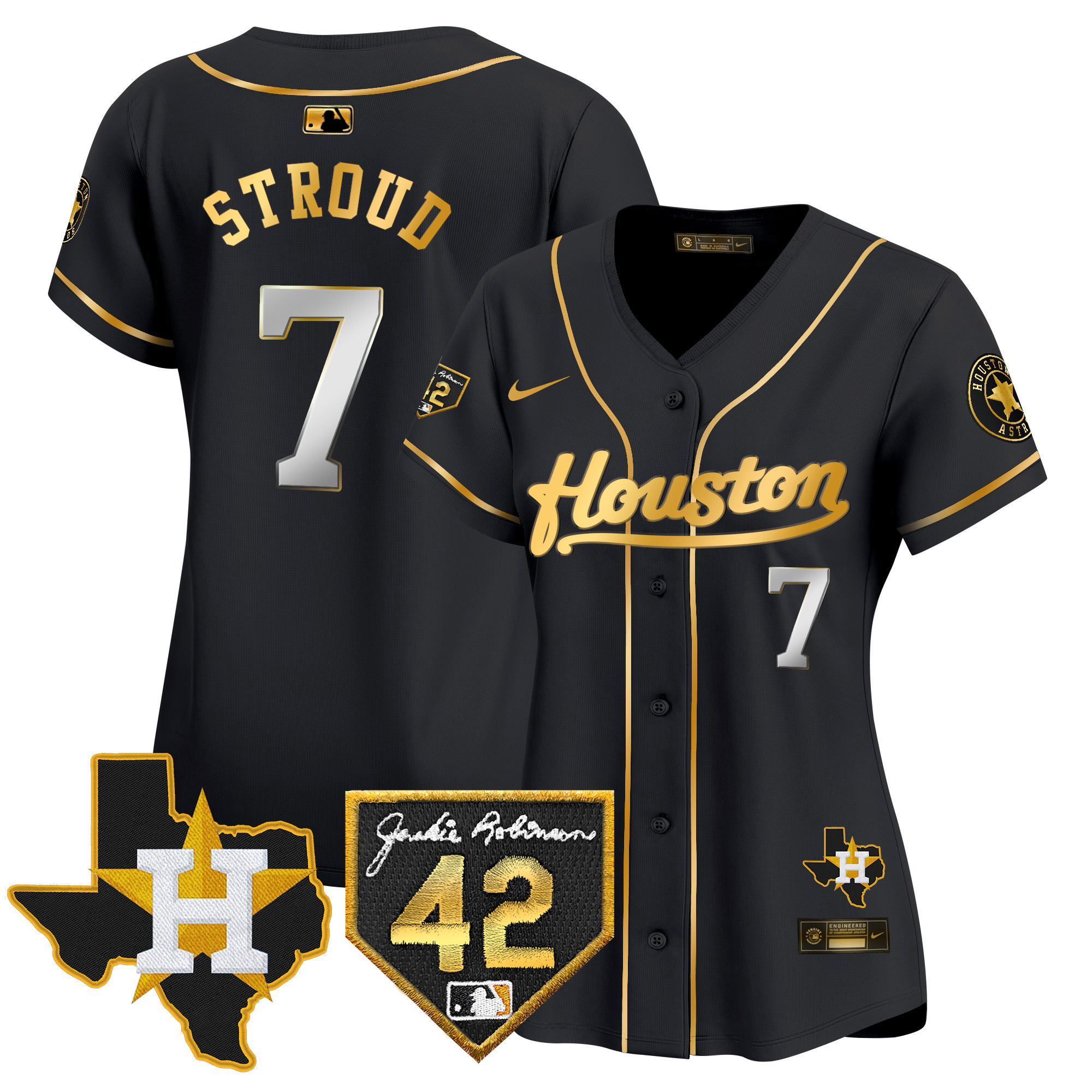 CJ Stroud Women's Houston Astros 2024 Jackie Robinson Patch Vapor Premier Limited Black Gold Jersey - All Stitched