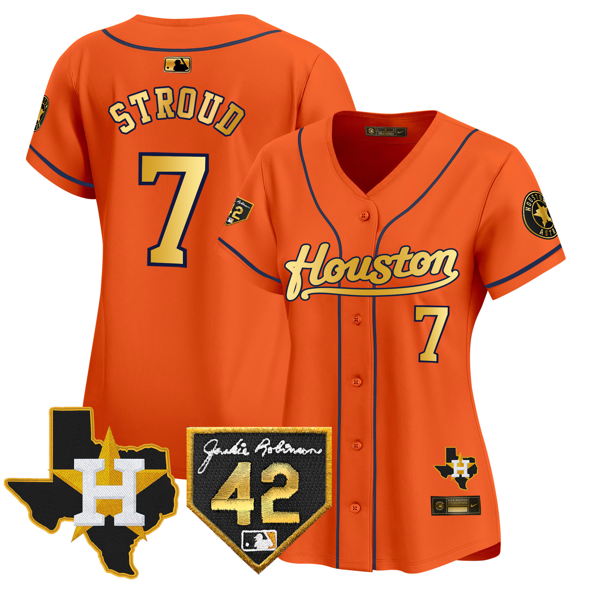 CJ Stroud Women's Houston Astros 2024 Jackie Robinson Patch Vapor Premier Limited Orange Gold Jersey - All Stitched