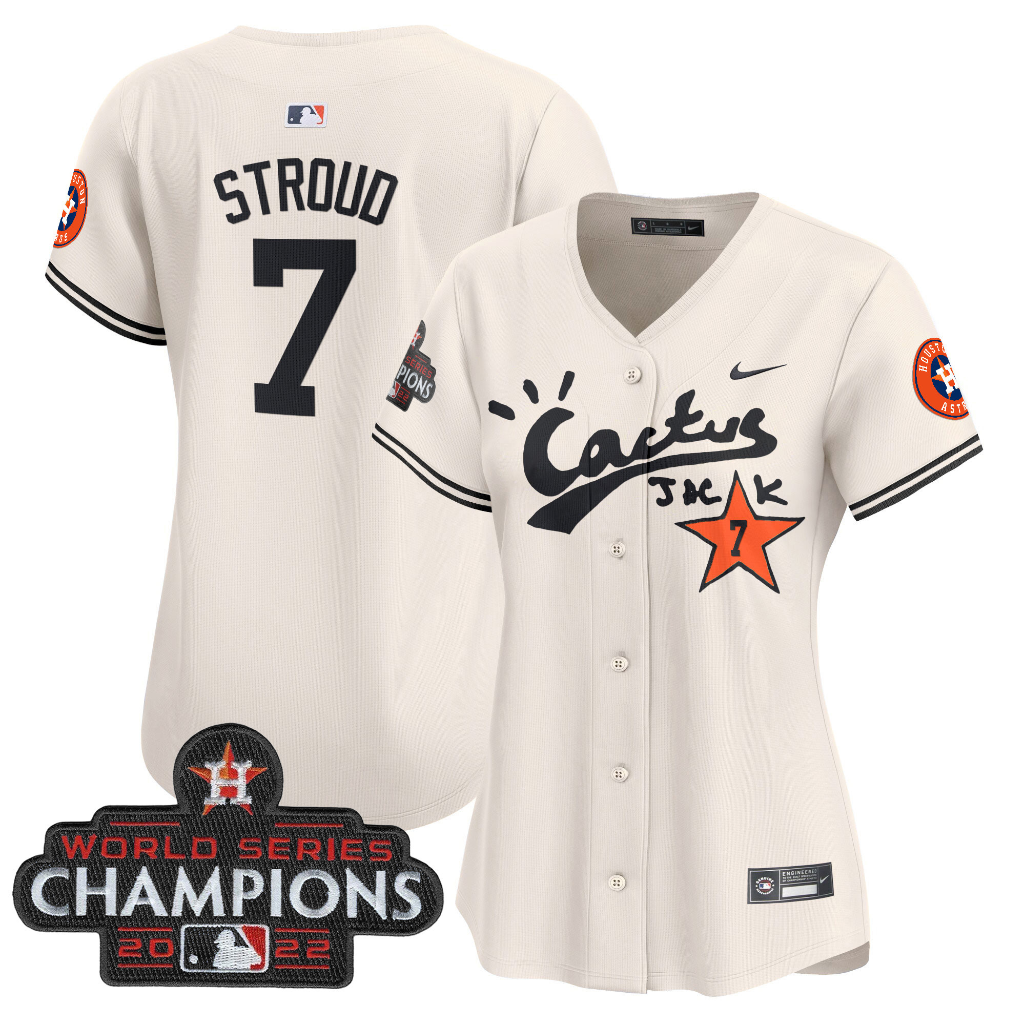 CJ Stroud Women's Houston Astros Cactus Jack Champions Patch Vapor Premier Limited Cream Jersey - All Stitched