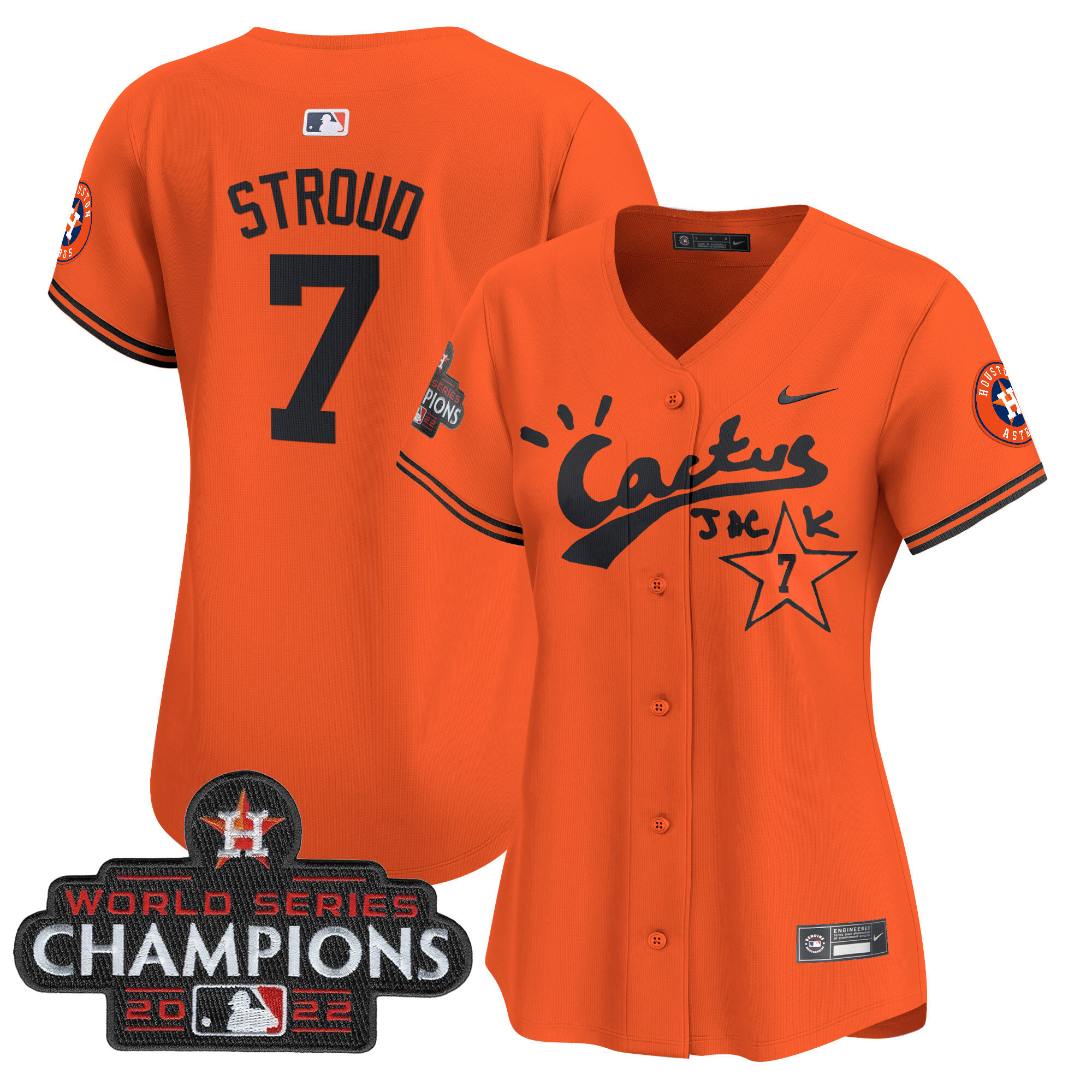 CJ Stroud Women's Houston Astros Cactus Jack Champions Patch Vapor Premier Limited Orange Jersey - All Stitched
