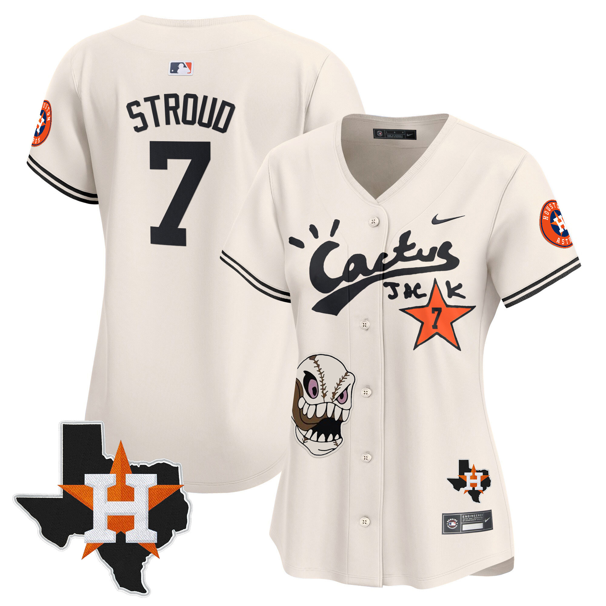 CJ Stroud Women's Houston Astros Cactus Jack Patch Vapor Premier Limited Cream Jersey - All Stitched
