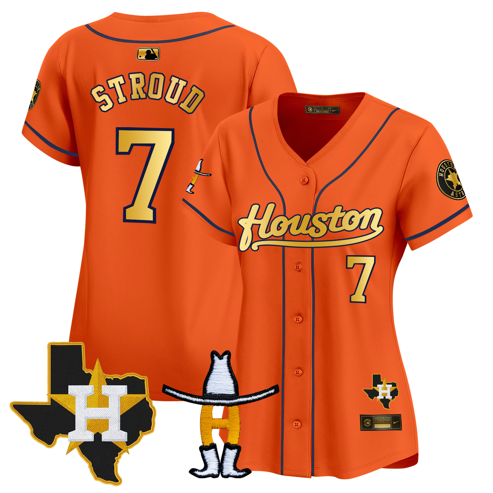 CJ Stroud Women's Houston Astros Houston Rodeo Patch Vapor Premier Limited Orange Gold Jersey - All Stitched