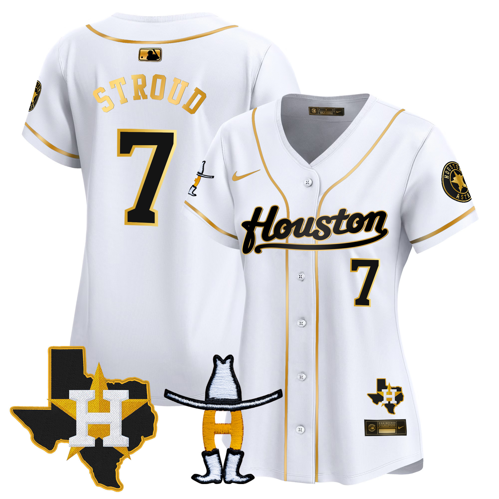 CJ Stroud Women's Houston Astros Houston Rodeo Patch Vapor Premier Limited White Gold Jersey - All Stitched