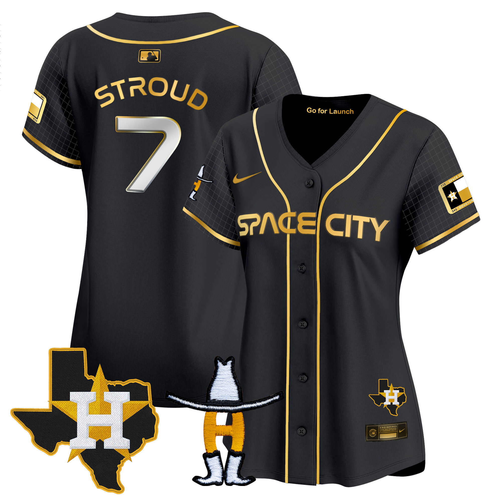 CJ Stroud Women's Houston Astros Space City Texas Patch Vapor Premier Limited Black Gold Jersey - All Stitched