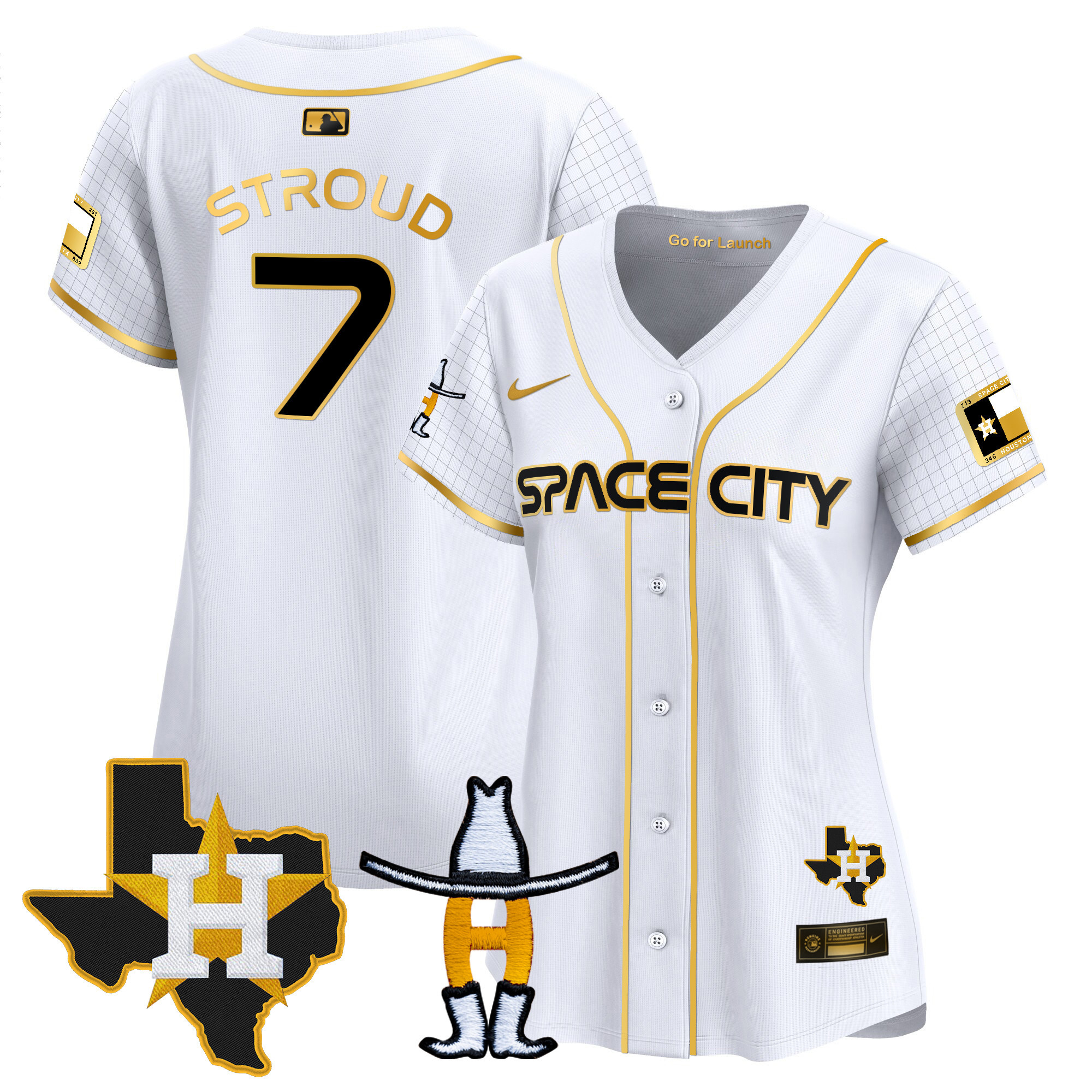 CJ Stroud Women's Houston Astros Space City Texas Patch Vapor Premier Limited White Gold Jersey - All Stitched