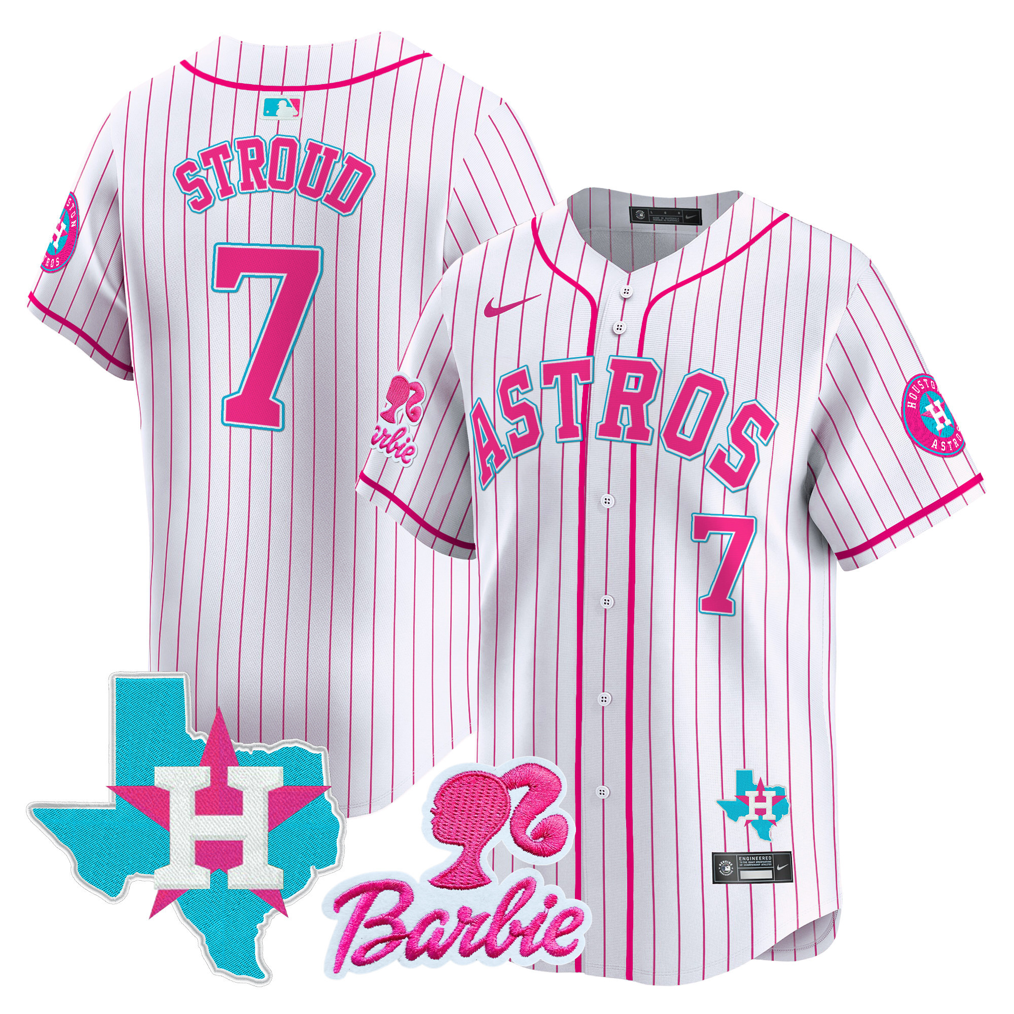 CJ StroudUnisex Houston Astros Barbie Patch Vapor Premier Limited Pink Stripe Jersey - All Stitched