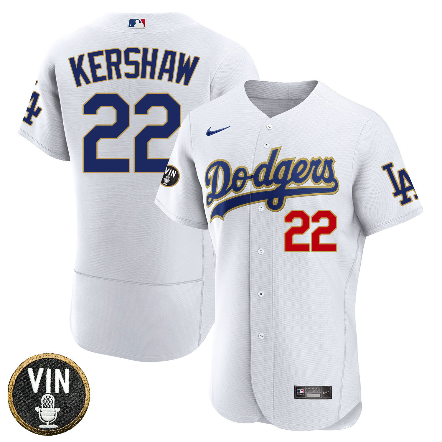 Clayton Kershaw Los Angeles Dodgers Vin Scully Patch Gold Trim Player - White Jersey - All Stitched