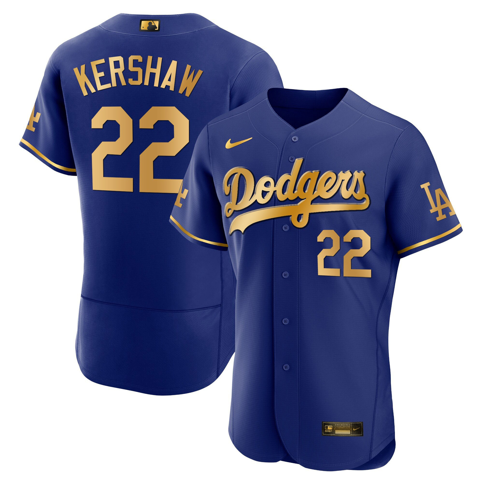 Clayton Kershaw Men's Los Angeles Dodgers Flex Base Gold Flex Royal Gold Jersey - All Stitched