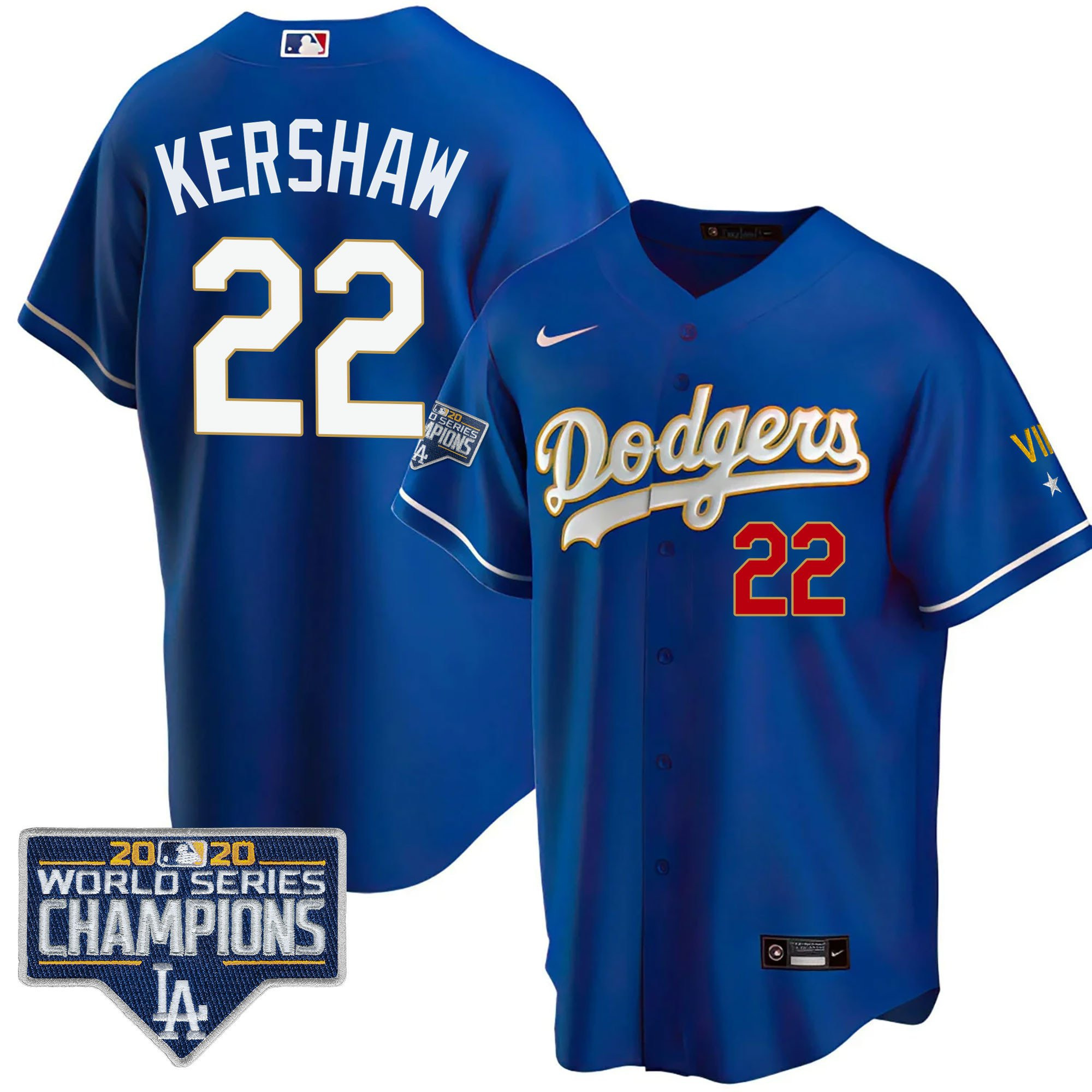 Clayton Kershaw Men's Los Angeles Dodgers World Series Patch Gold Limited Cool Royal Jersey - All Stitched
