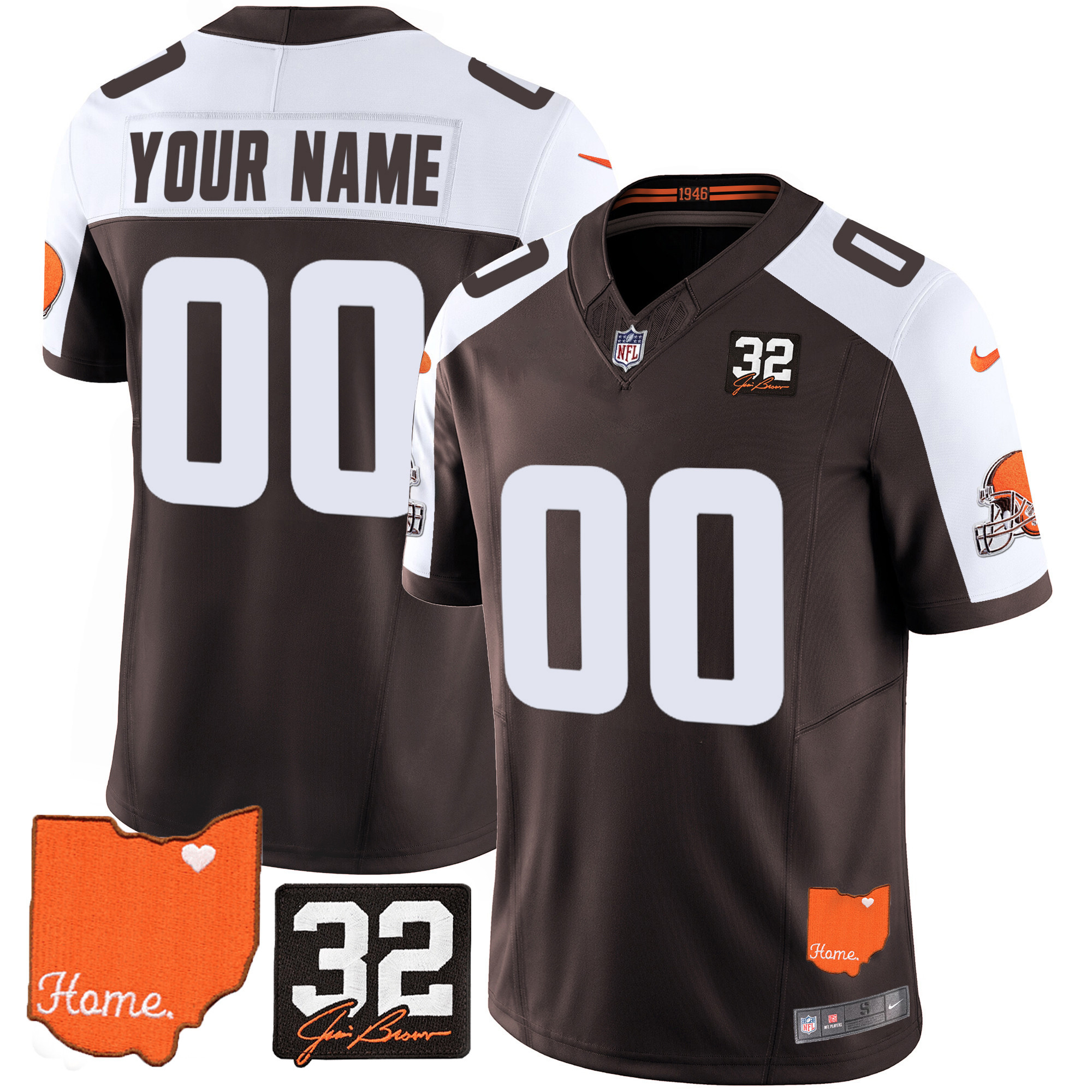 Cleveland Browns #32 Jim Brown Memorial & Home Patch Custom Alternate Jersey - All Stitched