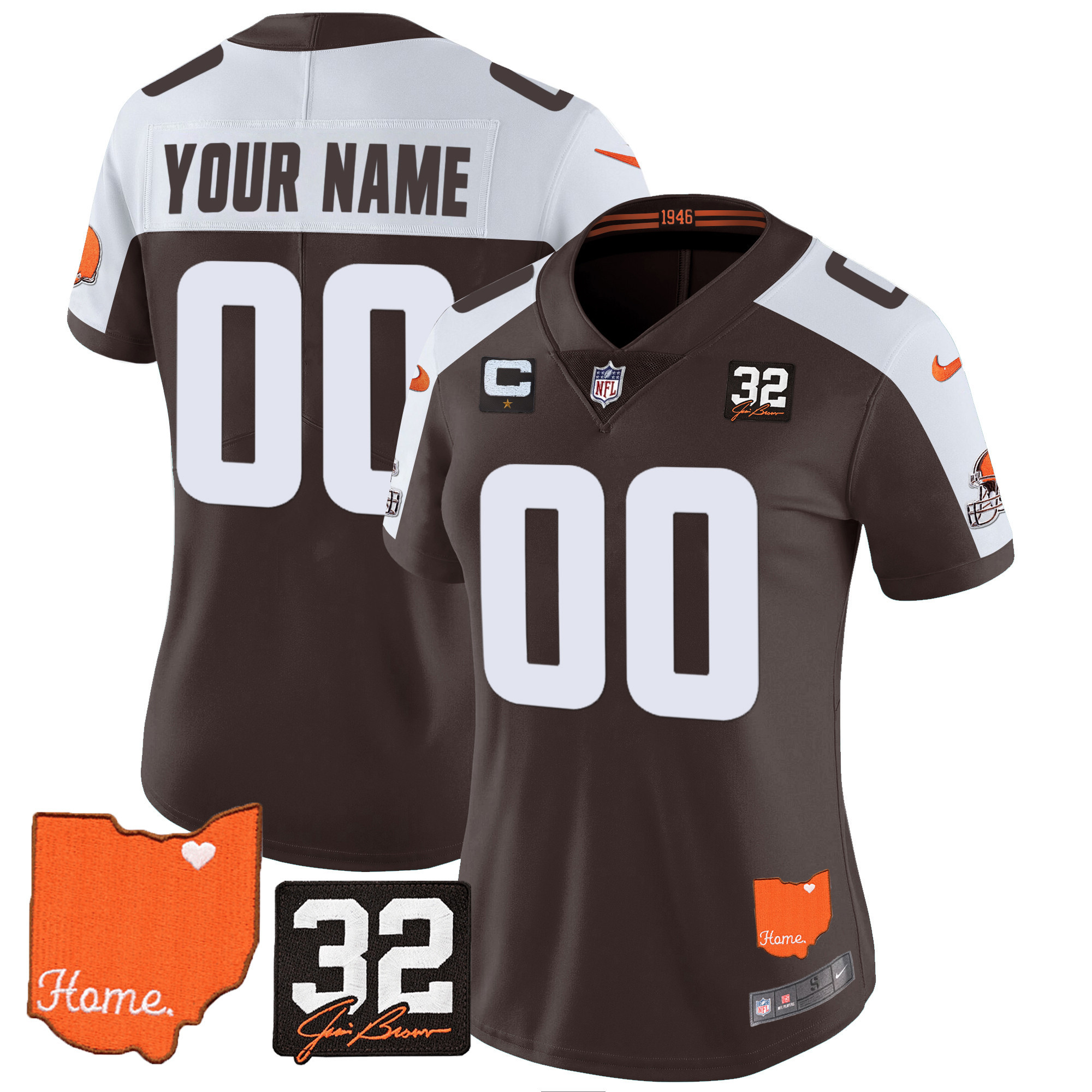 Cleveland Browns #32 Jim Brown Memorial & Home Patch Custom Alternate Jersey - All Stitched