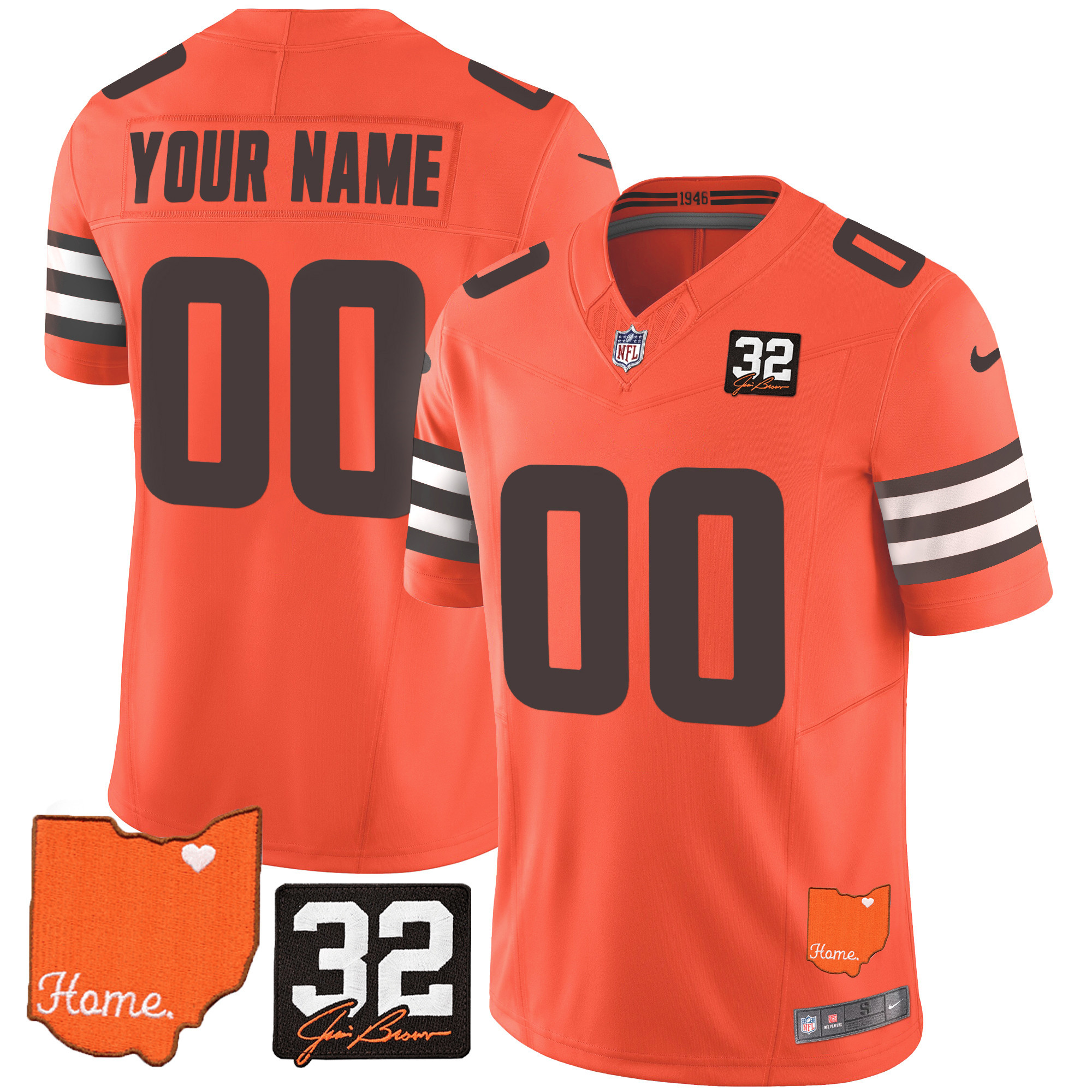 Cleveland Browns #32 Jim Brown Memorial & Home Patch Custom Orange Jersey - All Stitched