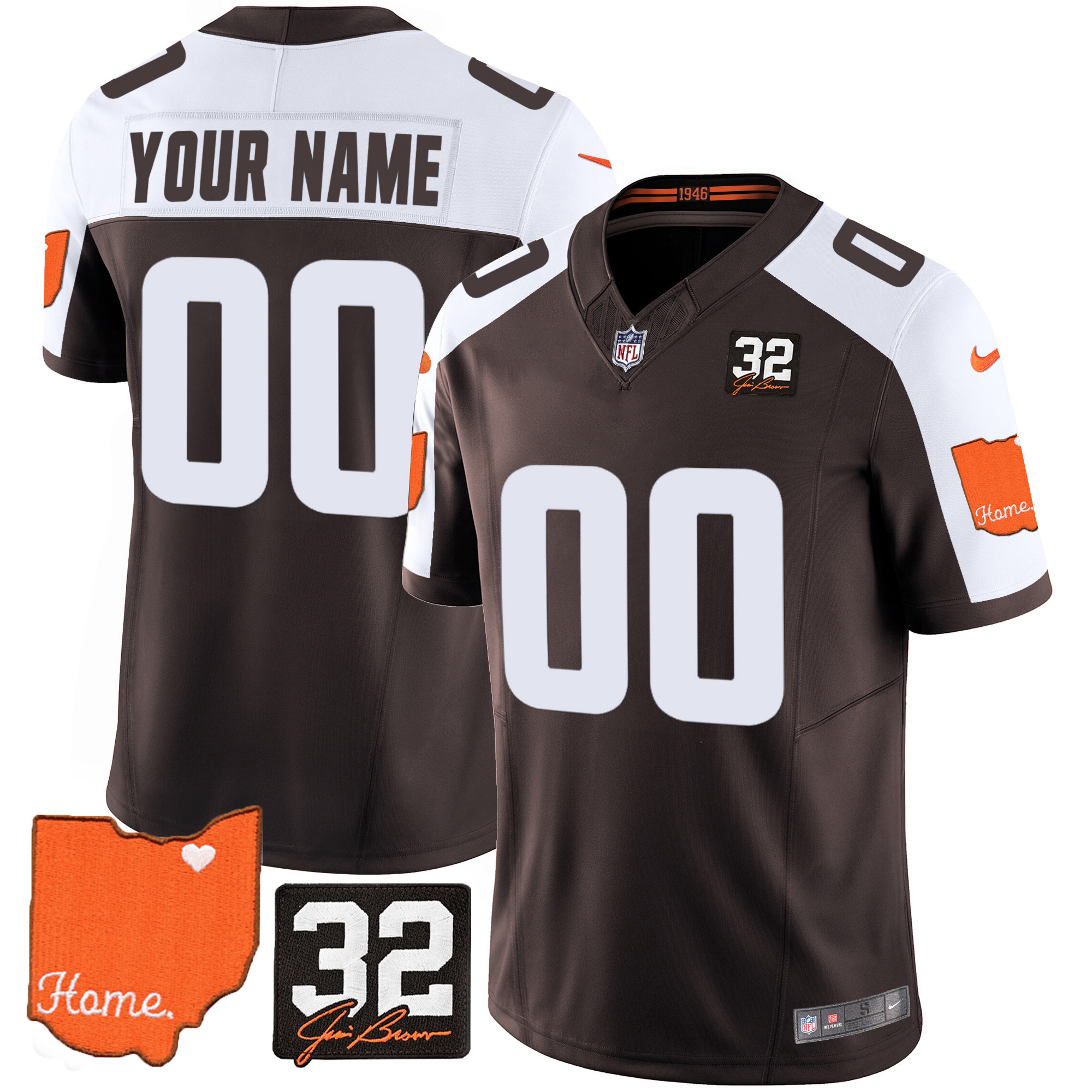 Cleveland Browns #32 Jim Brown Memorial & Home Patch Custom V2 Alternate Jersey - All Stitched