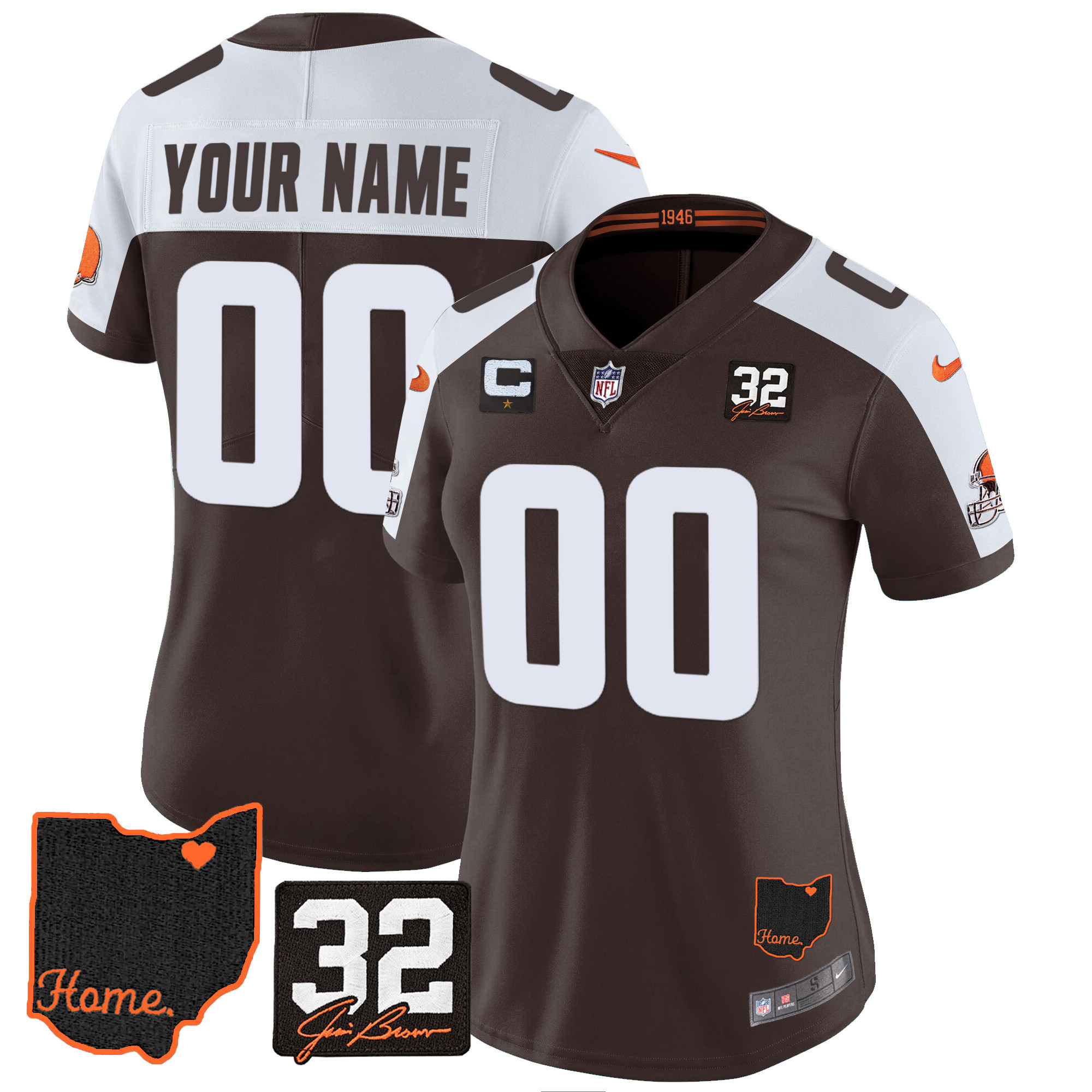 Cleveland Browns #32 Jim Brown Memorial & Home Patch Custom V3 Alternate Jersey - All Stitched