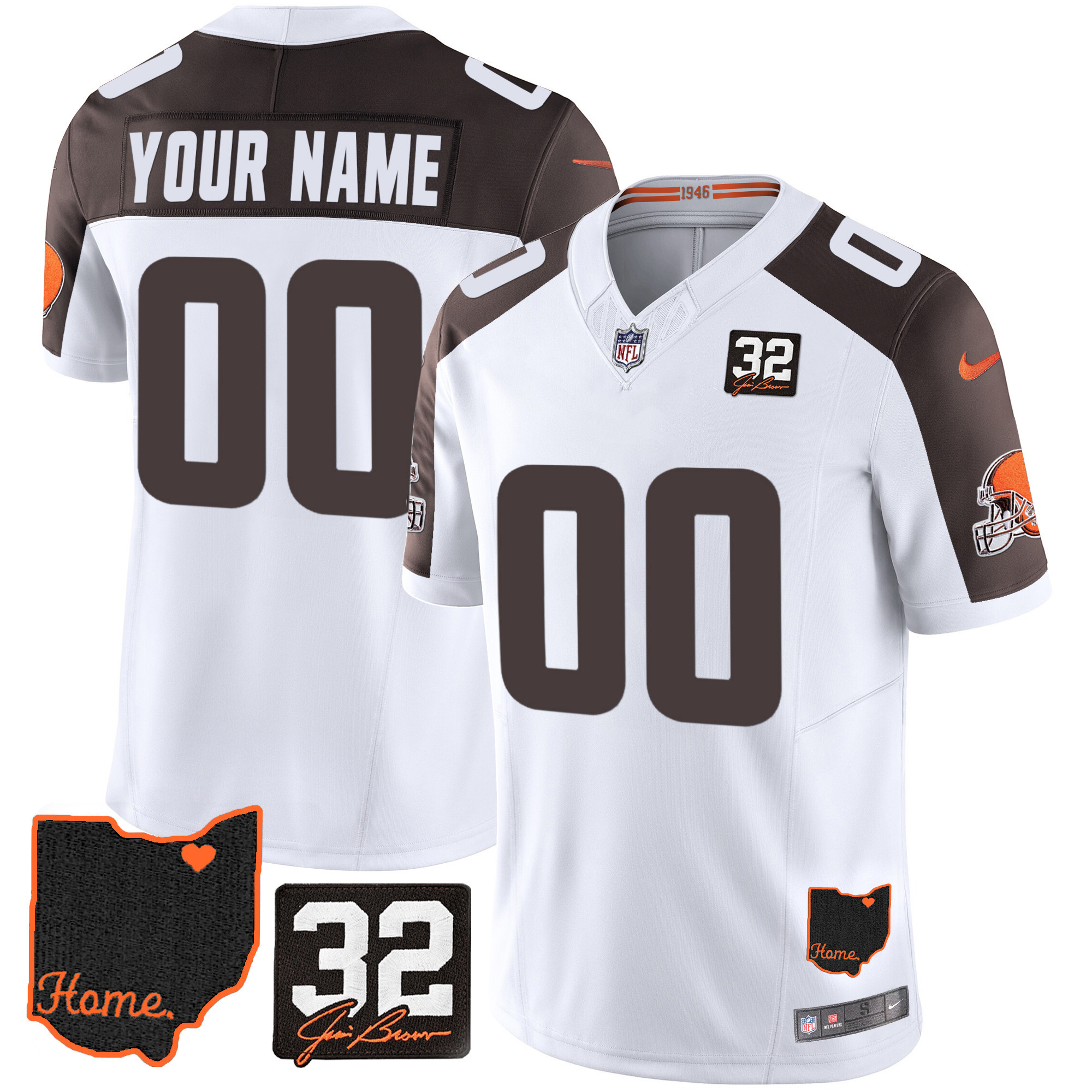 Cleveland Browns #32 Jim Brown Memorial & Home Patch Custom V3 Inverted Jersey - All Stitched