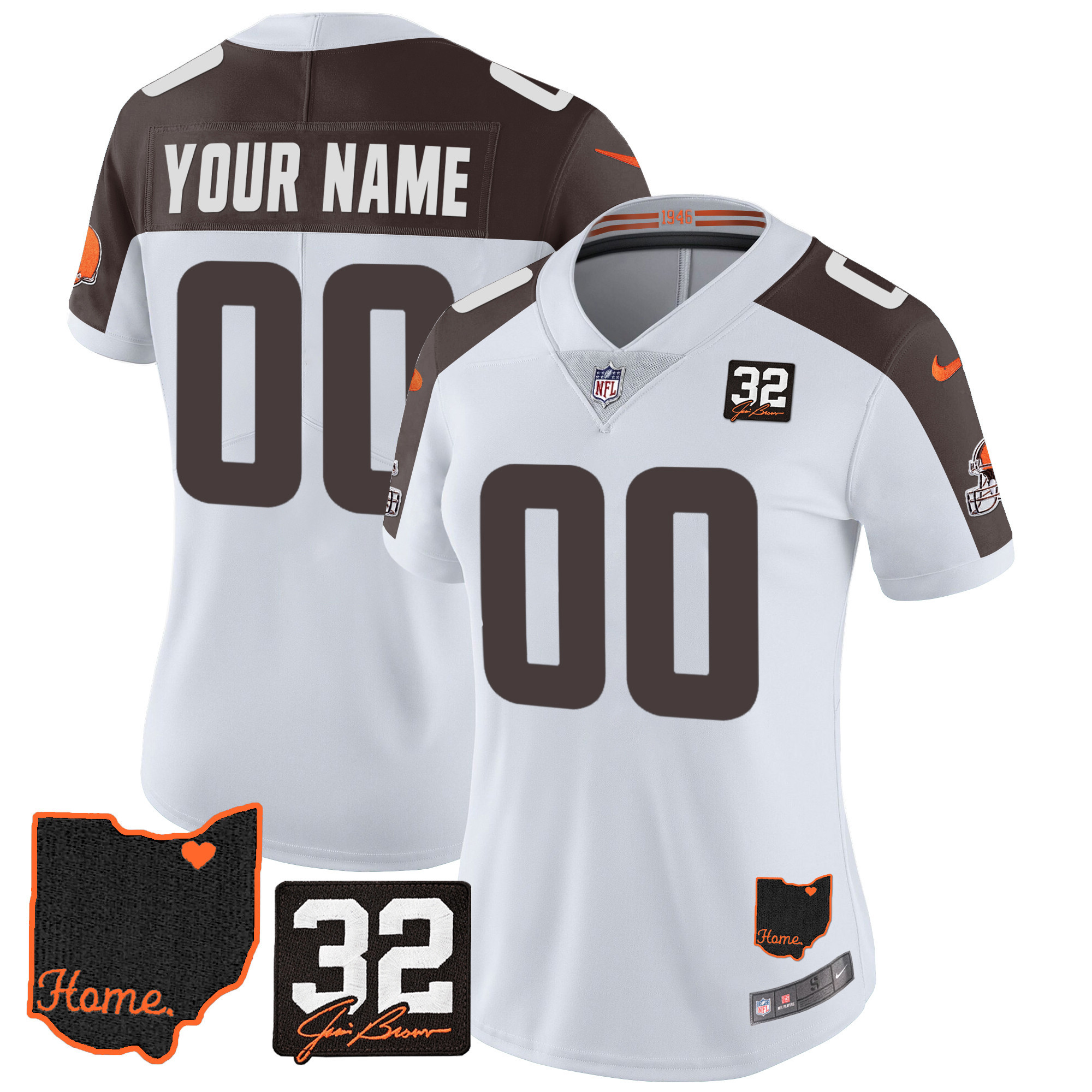 Cleveland Browns #32 Jim Brown Memorial & Home Patch Custom V3 Inverted Jersey - All Stitched