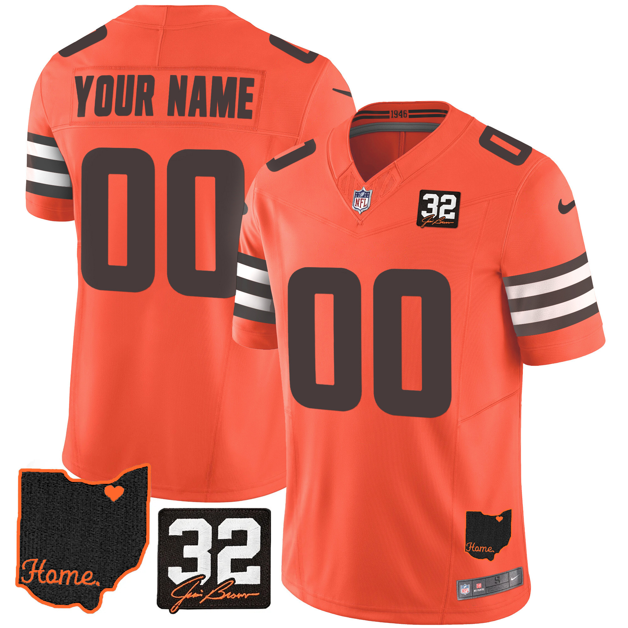 Cleveland Browns #32 Jim Brown Memorial & Home Patch Custom V3 Orange Jersey - All Stitched