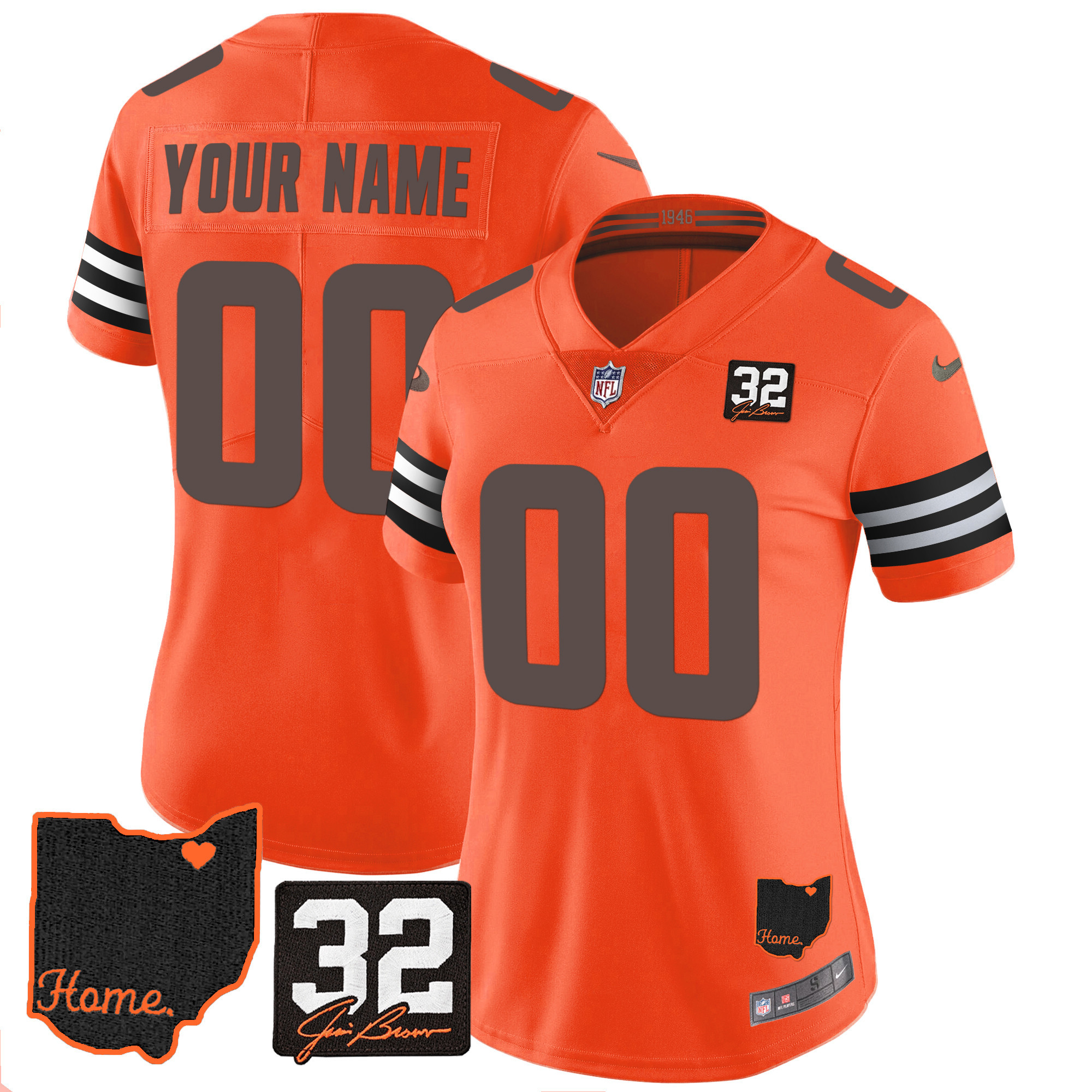 Cleveland Browns #32 Jim Brown Memorial & Home Patch Custom V3 Orange Jersey - All Stitched