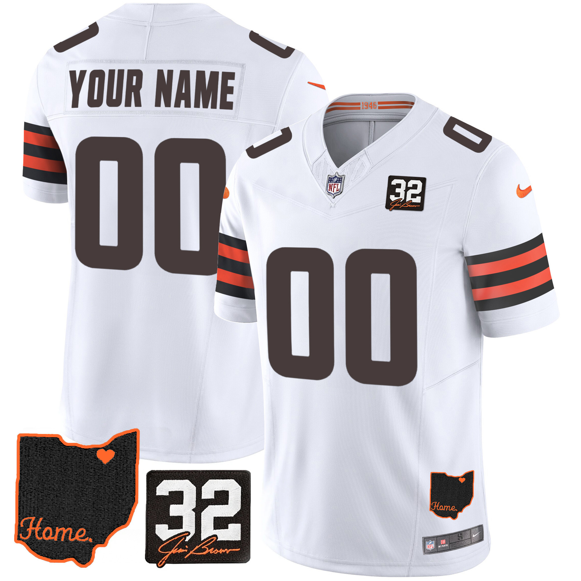 Cleveland Browns #32 Jim Brown Memorial & Home Patch Custom V3 White Jersey - All Stitched