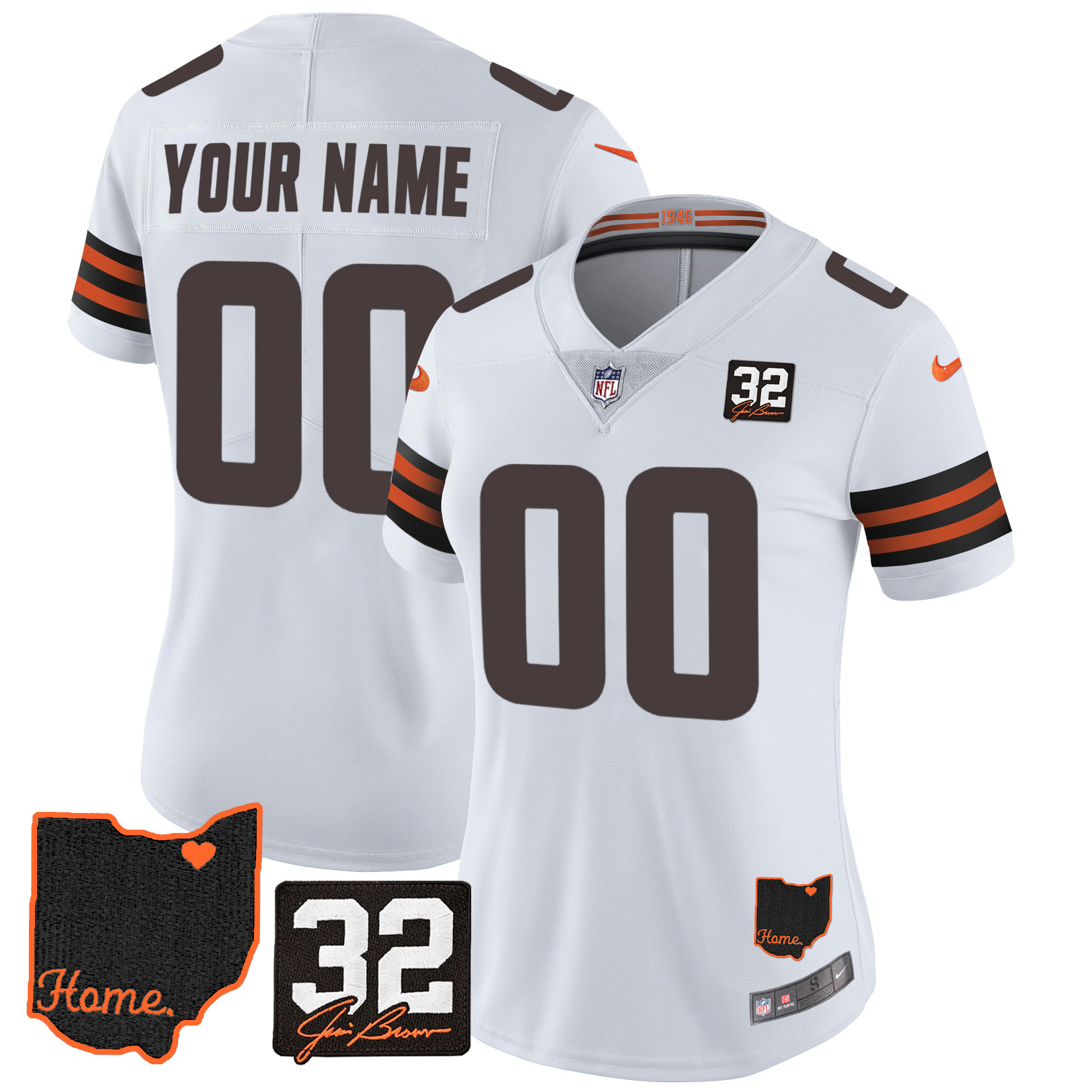 Cleveland Browns #32 Jim Brown Memorial & Home Patch Custom V3 White Jersey - All Stitched