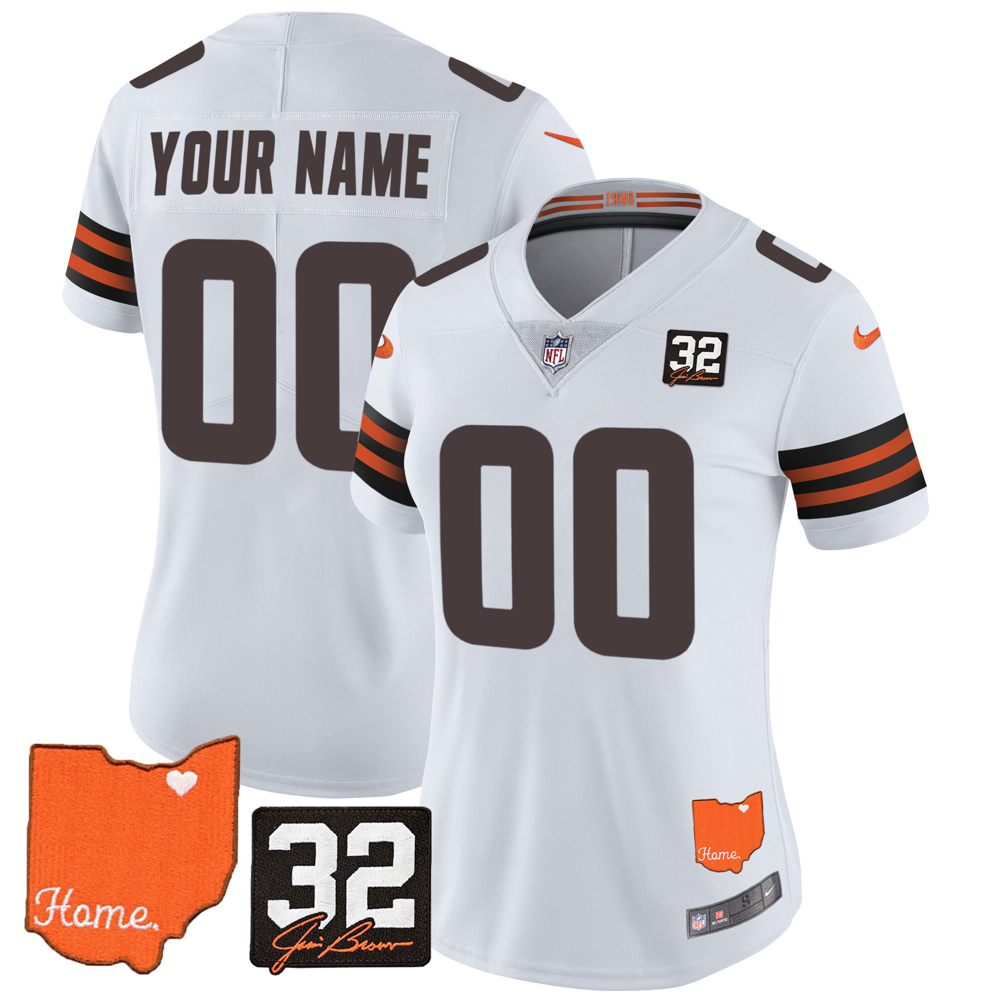 Cleveland Browns #32 Jim Brown Memorial & Home Patch Custom White Jersey - All Stitched