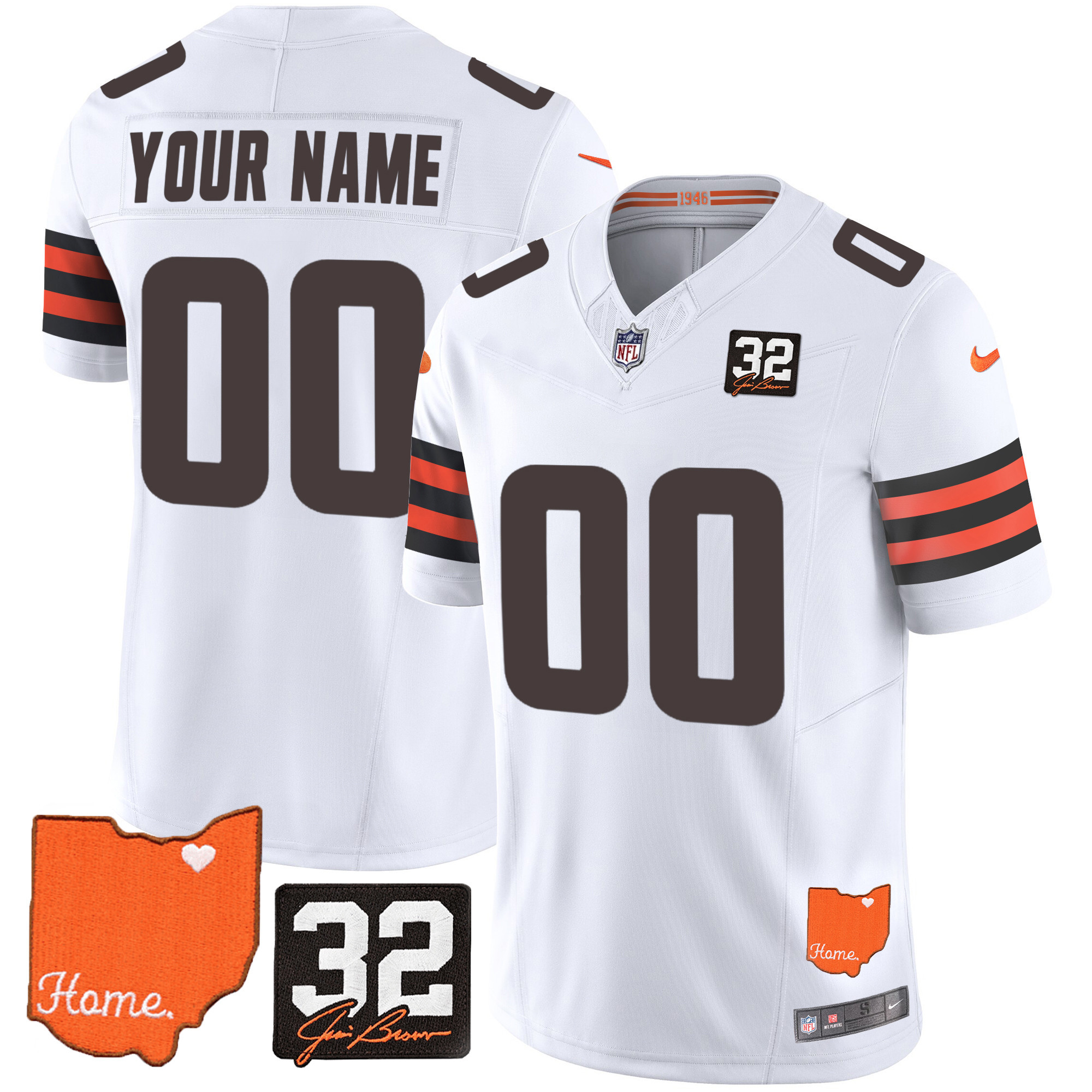 Cleveland Browns #32 Jim Brown Memorial & Home Patch Custom White Jersey - All Stitched