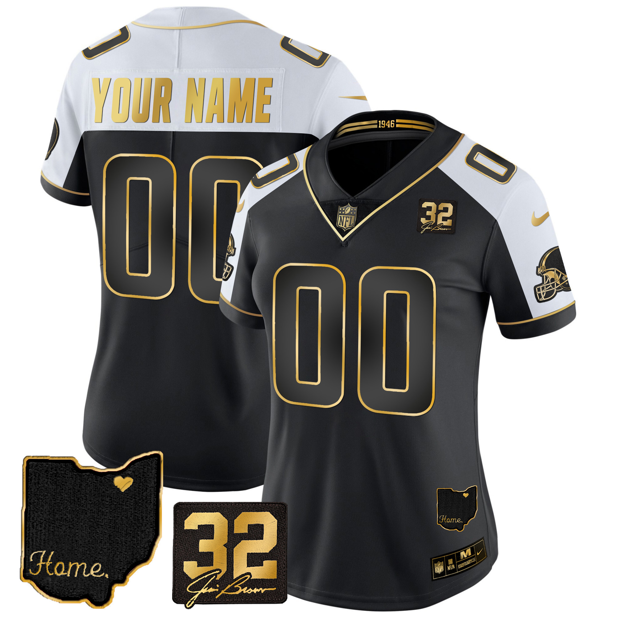 Cleveland Browns #32 Jim Brown Memorial & Home Patch Gold Custom Alternate Jersey - All Stitched