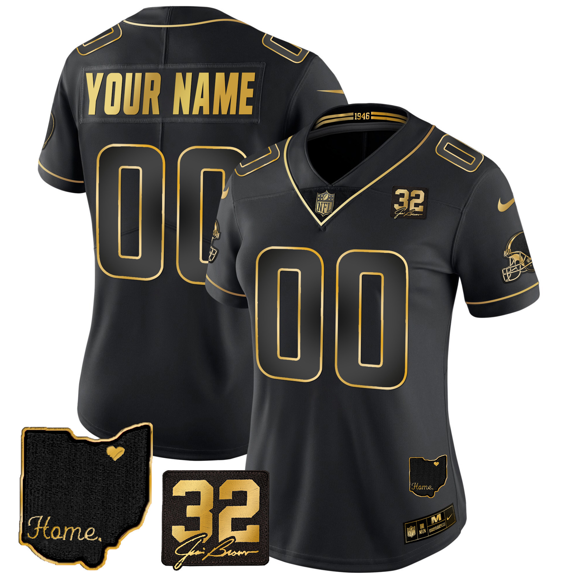 Cleveland Browns #32 Jim Brown Memorial & Home Patch Gold Custom Black Gold Jersey - All Stitched