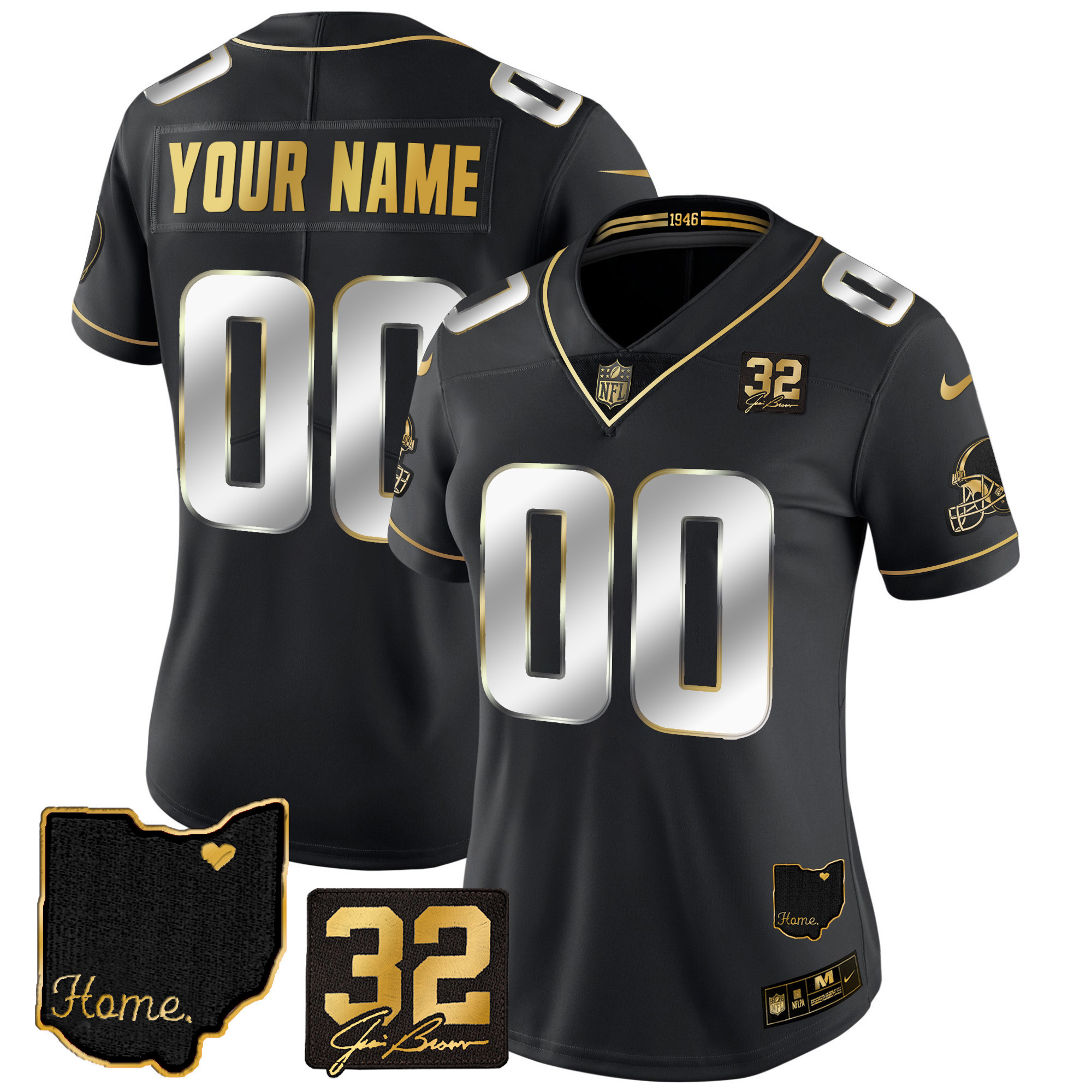 Cleveland Browns #32 Jim Brown Memorial & Home Patch Gold Custom Black Limited Jersey - All Stitched