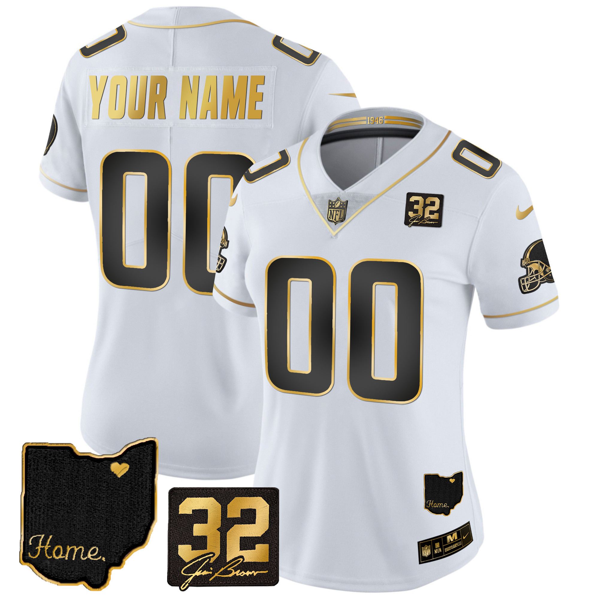 Cleveland Browns #32 Jim Brown Memorial & Home Patch Gold Custom White Gold Jersey - All Stitched
