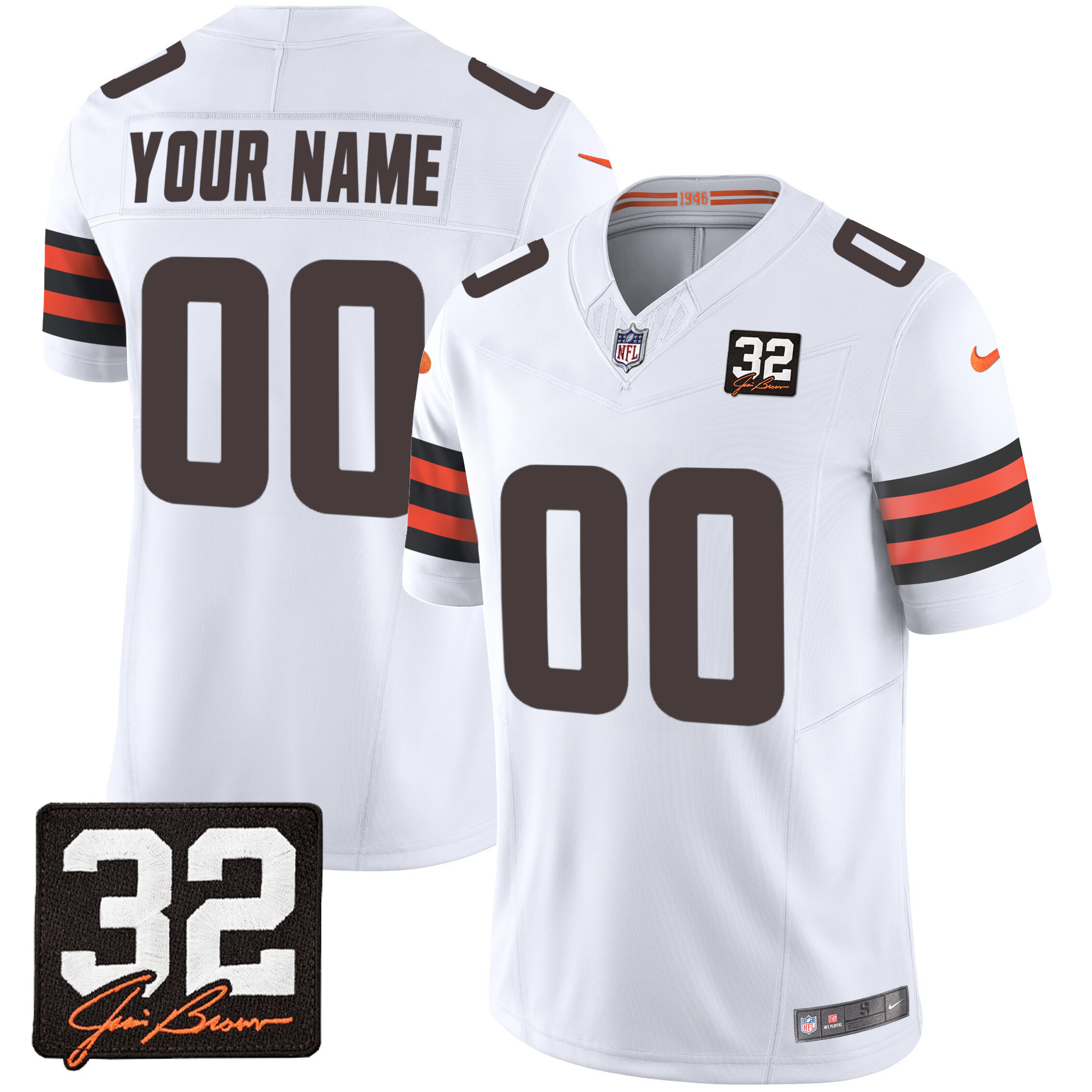 Cleveland Browns #32 Jim Brown Memorial Patch Custom White Jersey - All Stitched