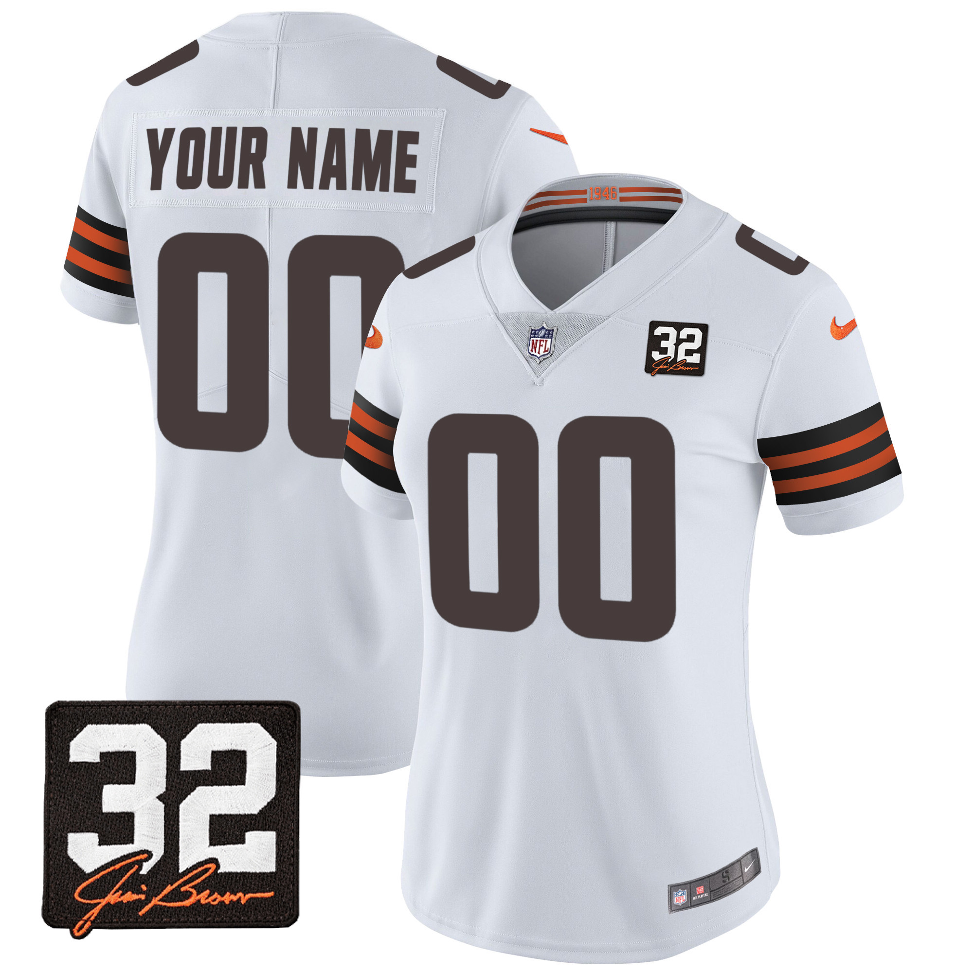 Cleveland Browns #32 Jim Brown Memorial Patch Custom White Jersey - All Stitched