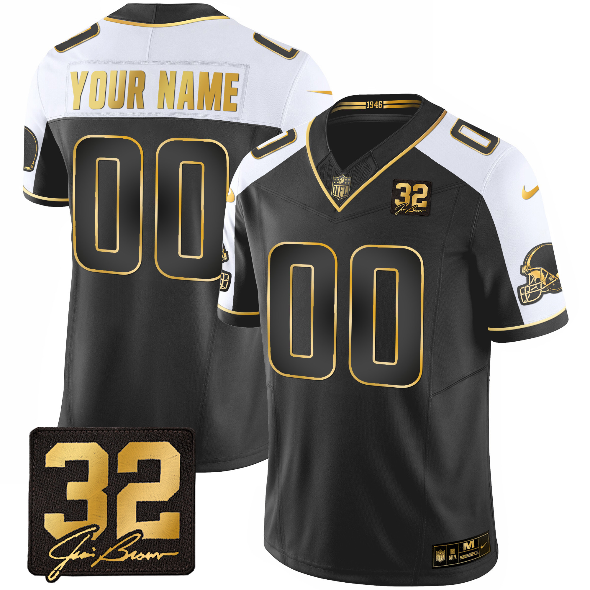 Cleveland Browns #32 Jim Brown Memorial Patch Gold Custom Alternate Jersey - All Stitched
