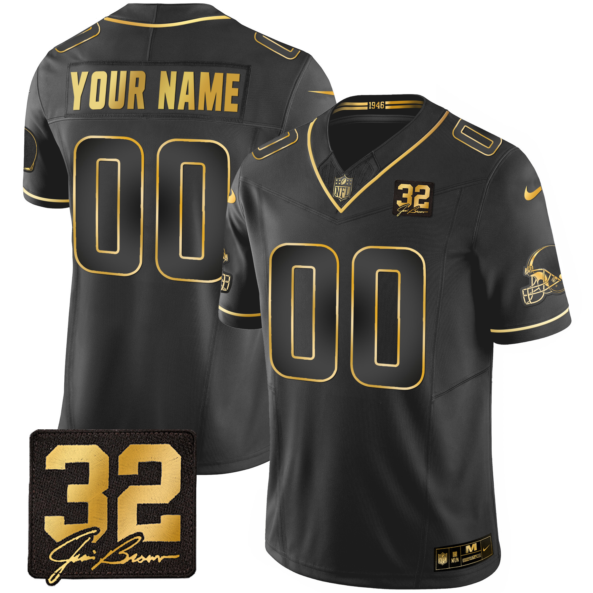 Cleveland Browns #32 Jim Brown Memorial Patch Gold Custom Black Gold Jersey - All Stitched