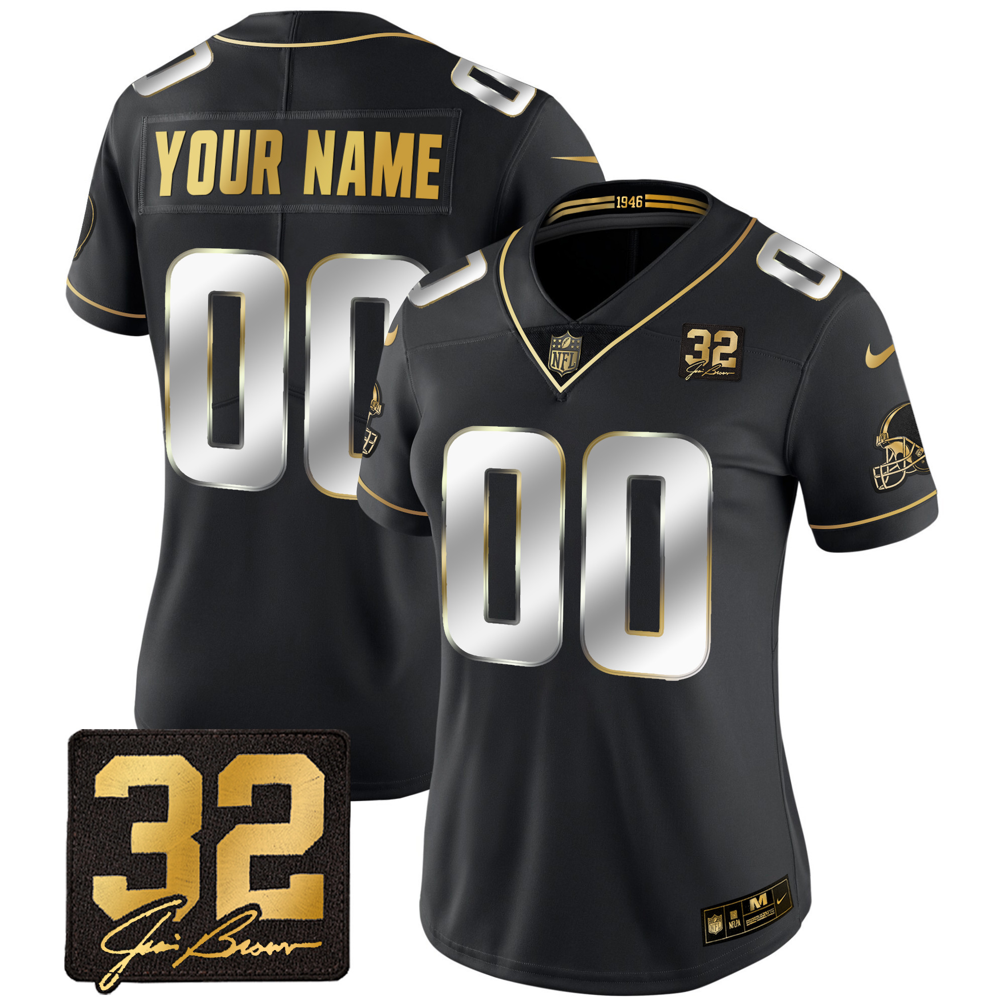 Cleveland Browns #32 Jim Brown Memorial Patch Gold Custom Black Limited Jersey - All Stitched