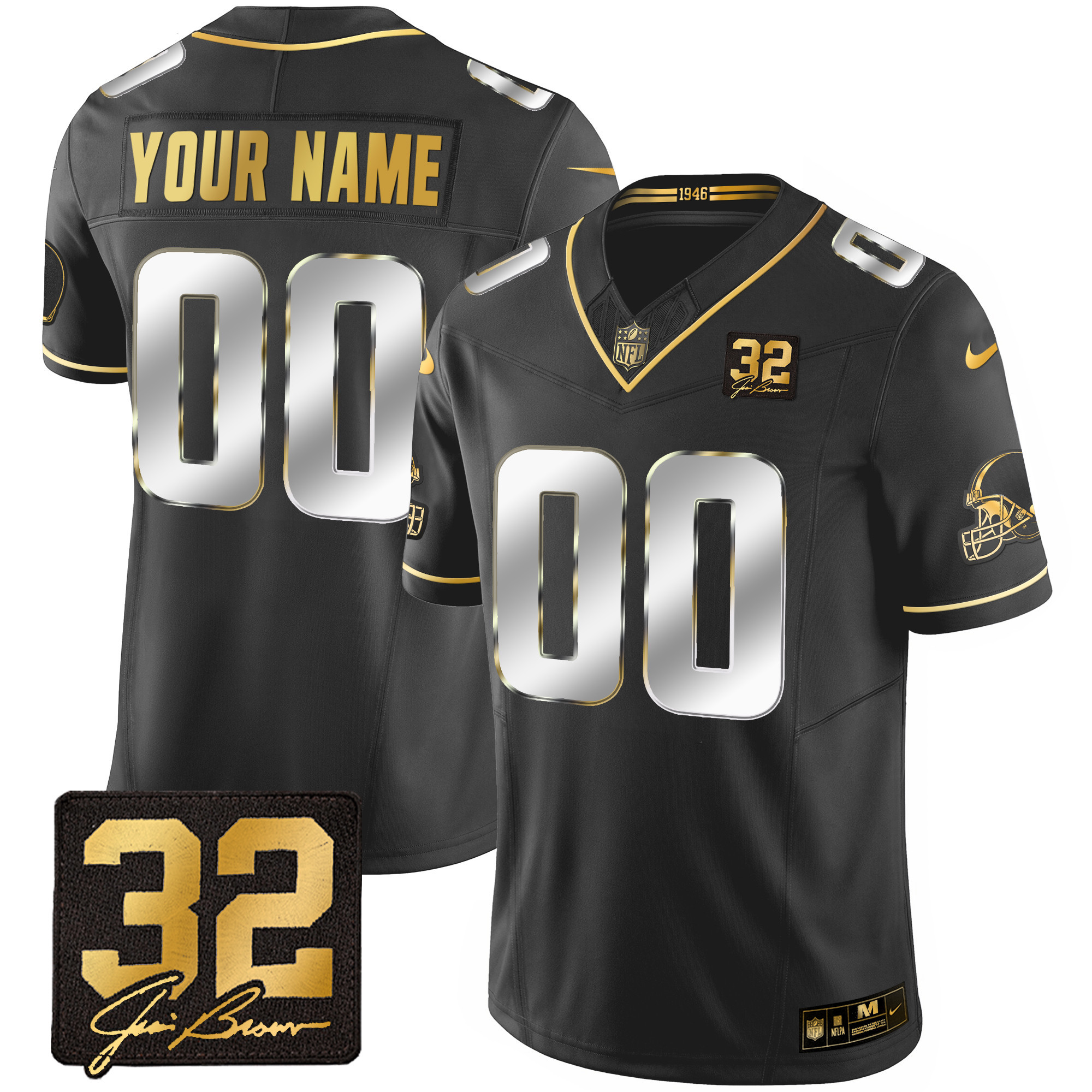 Cleveland Browns #32 Jim Brown Memorial Patch Gold Custom Black Limited Jersey - All Stitched