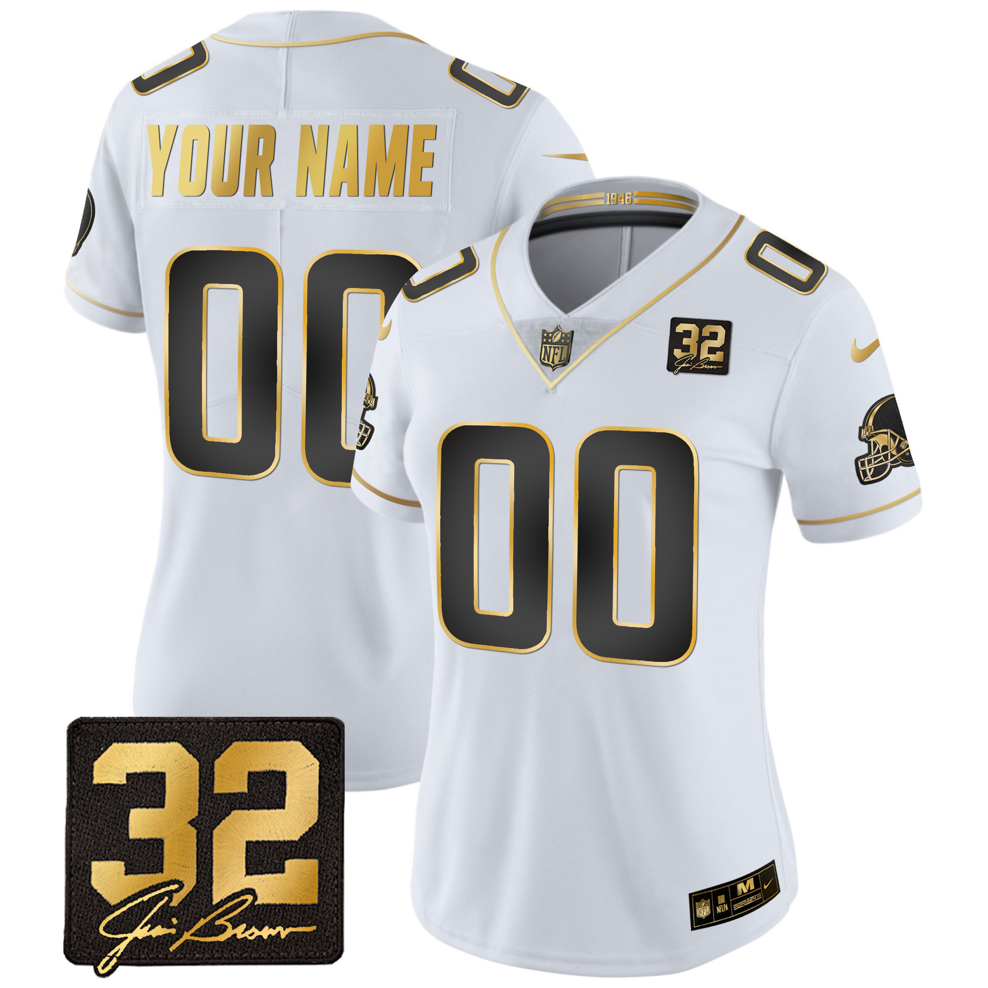 Cleveland Browns #32 Jim Brown Memorial Patch Gold Custom White Gold Jersey - All Stitched