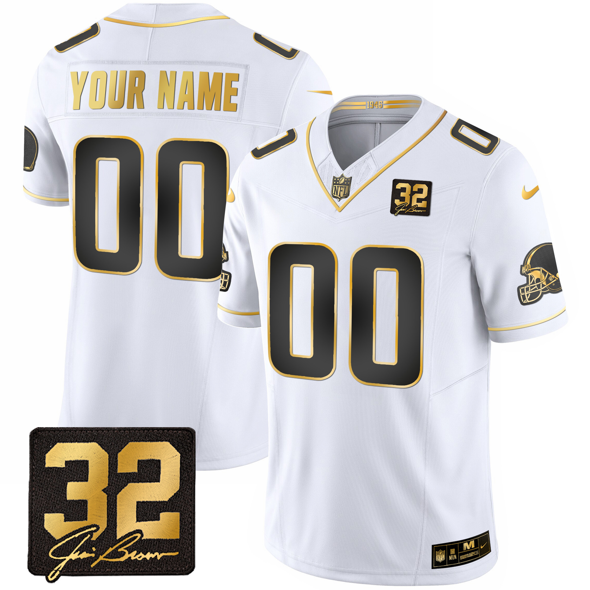 Cleveland Browns #32 Jim Brown Memorial Patch Gold Custom White Gold Jersey - All Stitched