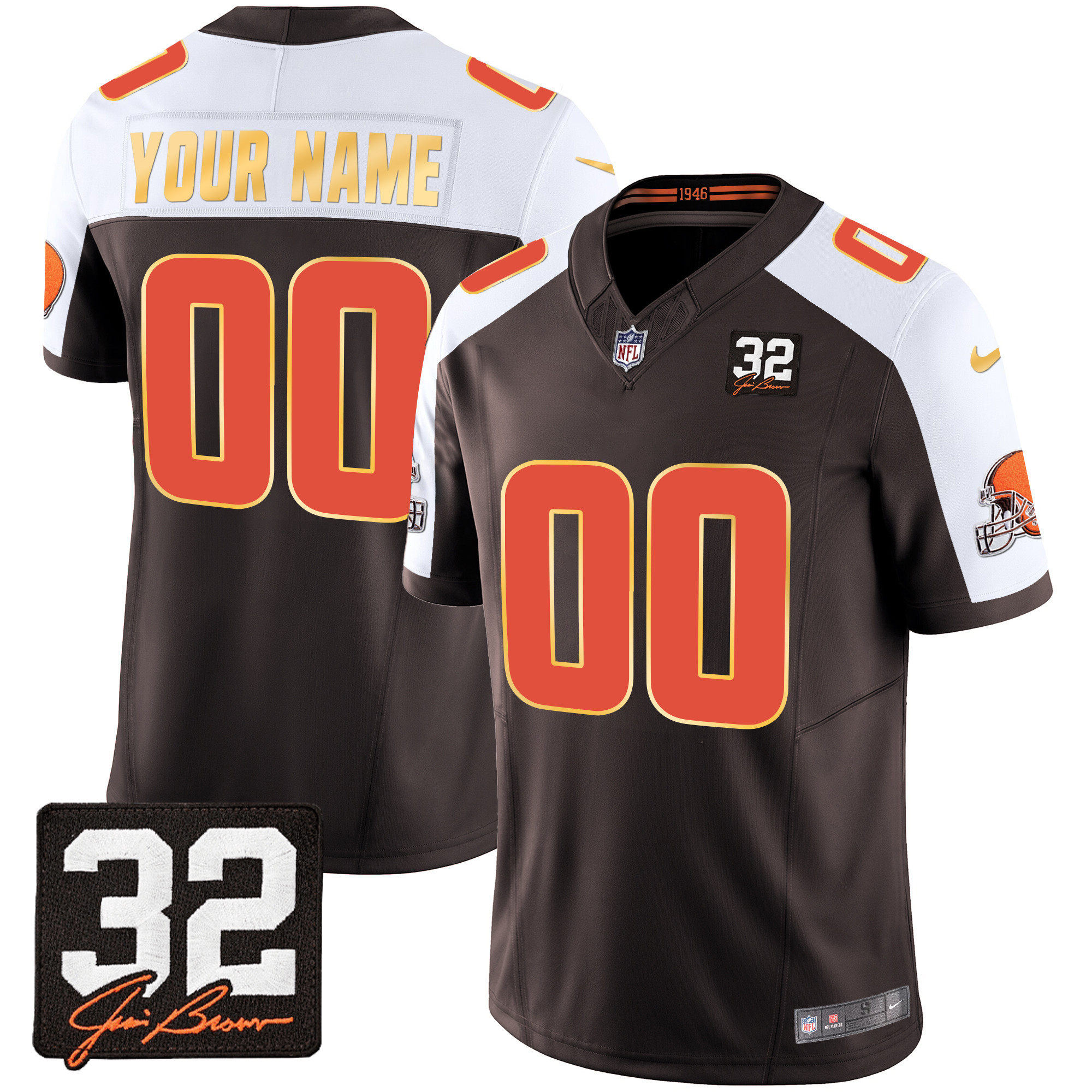 Cleveland Browns #32 Jim Brown Memorial Patch Gold Trim Custom Alternate Jersey - All Stitched
